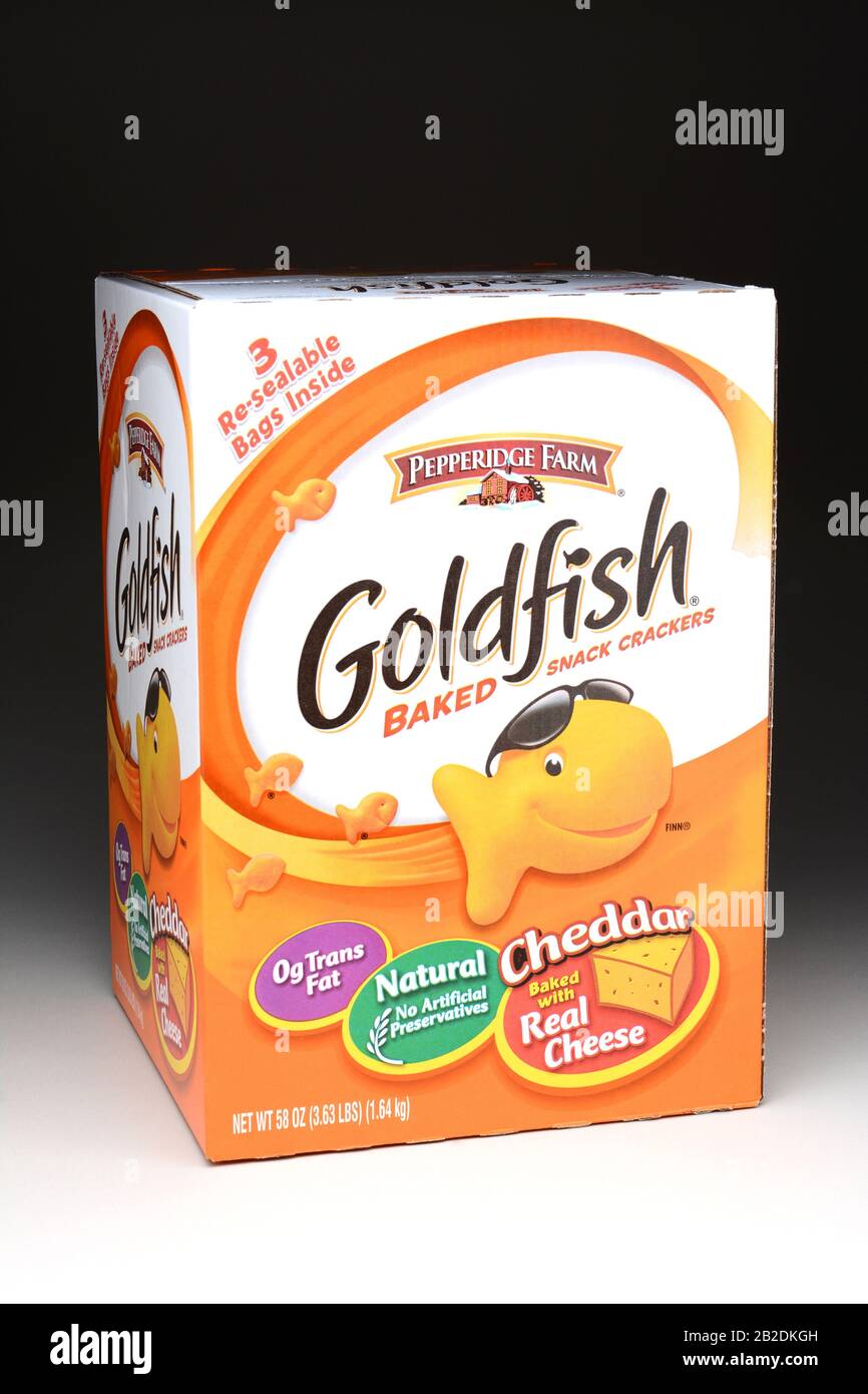 IRVINE, CA - January 21, 2013: 58 ounce box of Pepperidge Farm Goldfish snack crackers. Originally from Switzerland, Goldfish Crackers were introduced Stock Photo
