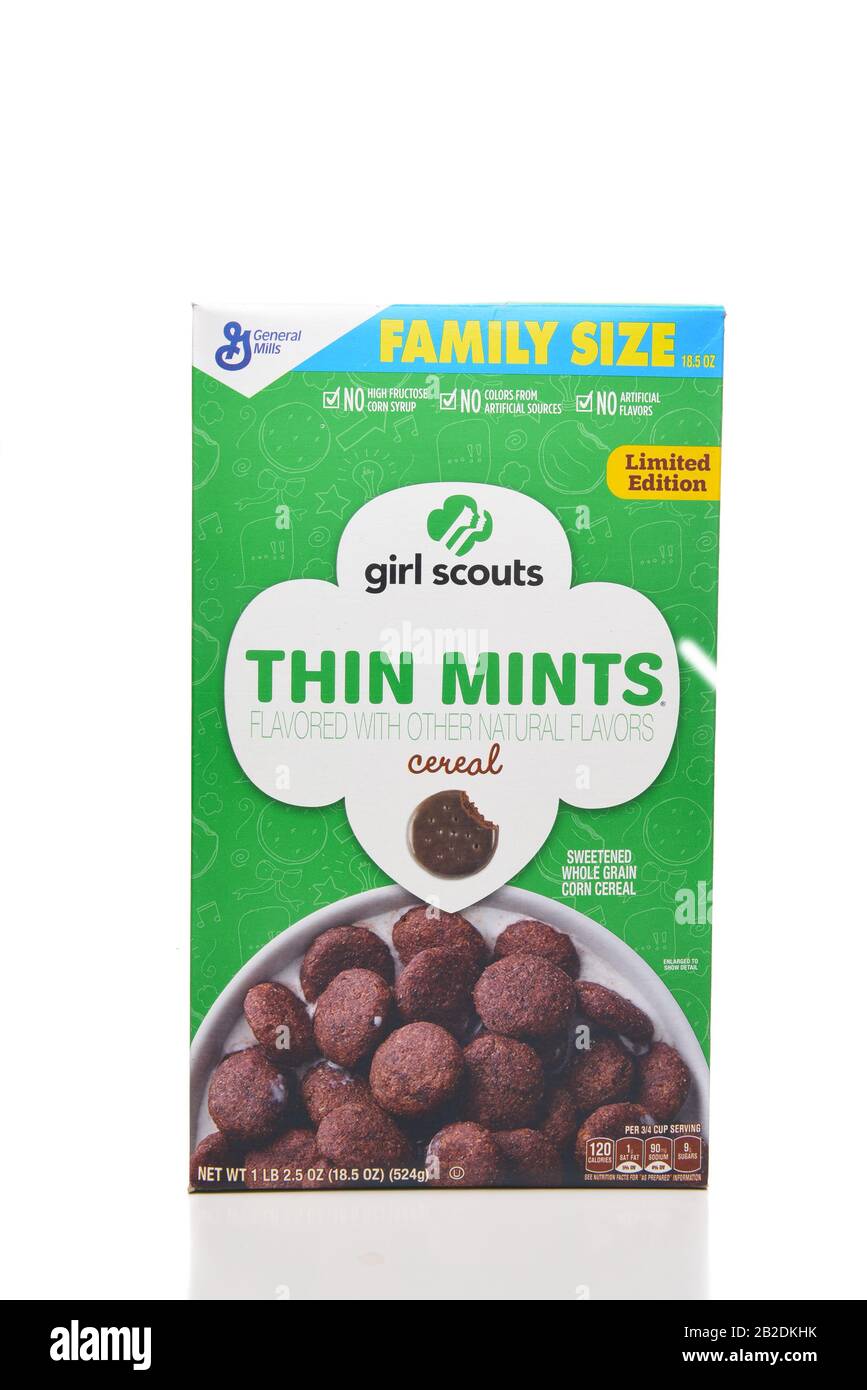 IRVINE, CALIFORNIA - APRIL 5, 2018: A box of Limited Edition Girl Scouts Thin Mints Cereal made by General Mills. Stock Photo