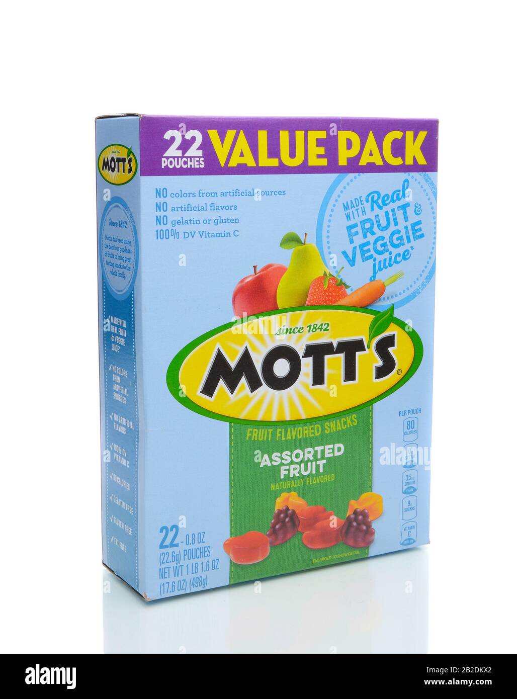 IRVINE, CA - JANUARY 4, 2018: Motts Fruit Flavored Snacks. The tasty treat combines real fruit and vegetable juice in a chewable gummy snack. Stock Photo