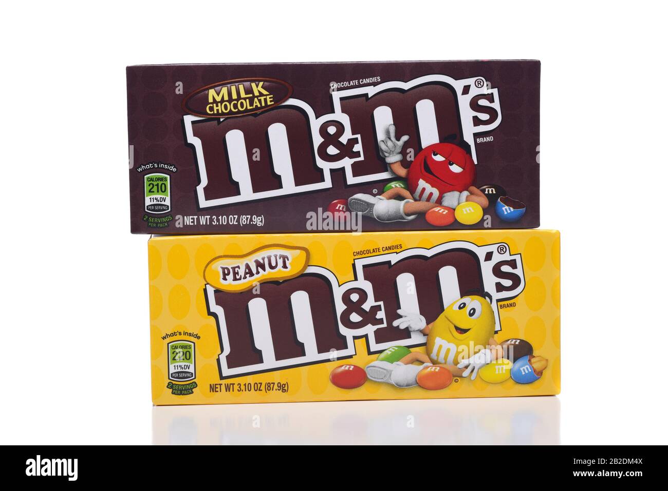 IRVINE, CALIFORNIA - JANUARY 5, 2018: M and Ms Peanut and Milk Chocolate. Two boxes of the popular candy coated choclate confection. Stock Photo