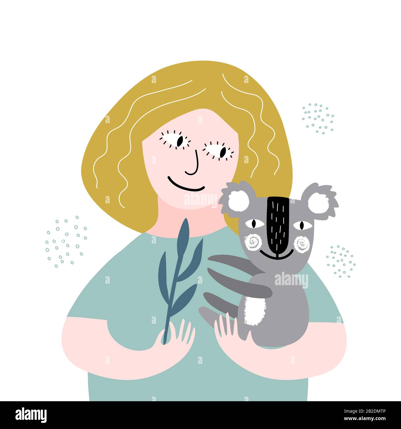 girl with cute koala flat hand drawn color vector illustration Stock ...