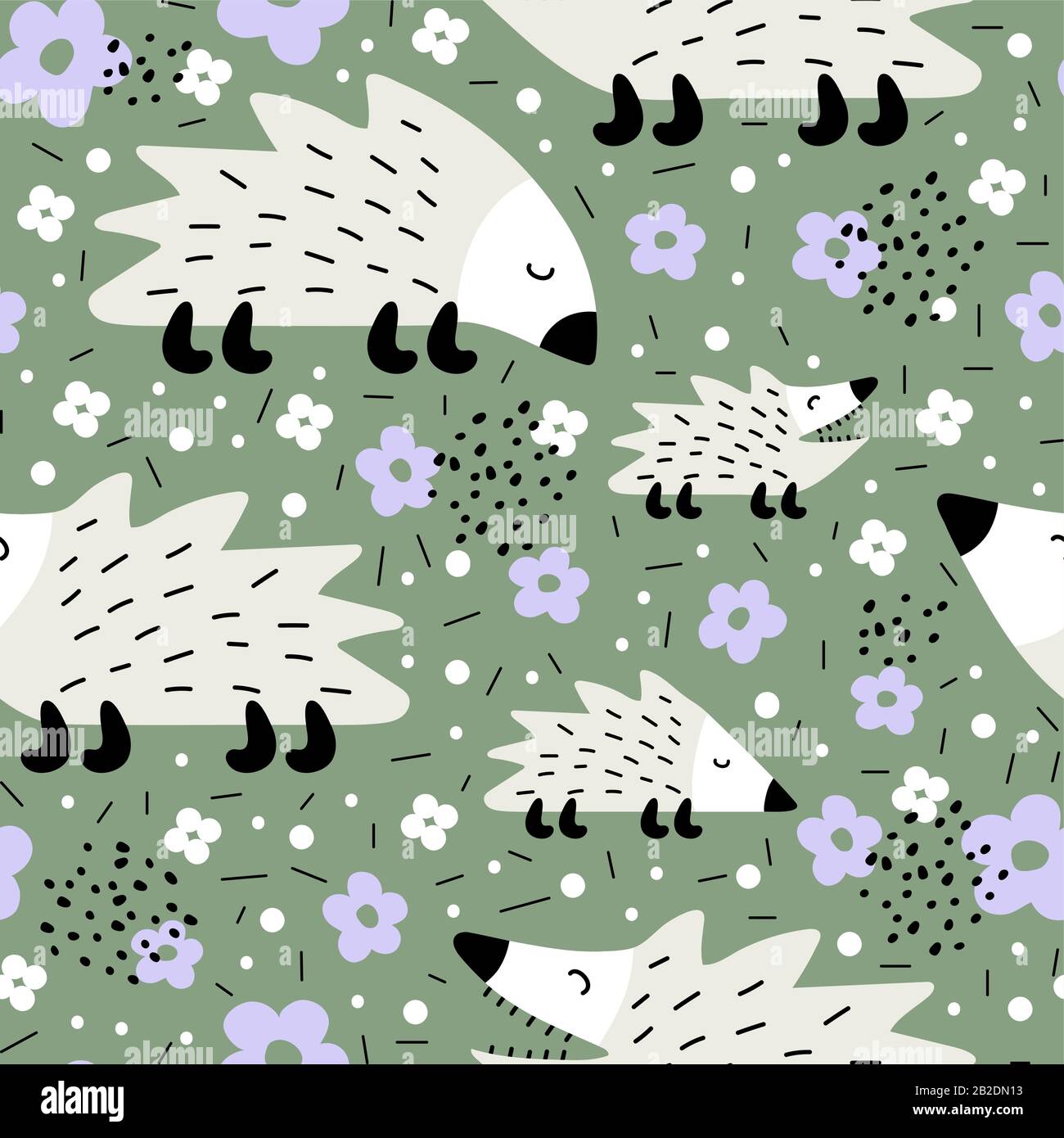 Seamless pattern with cute hedgehogs. Creative scandinavian children texture Stock Vector
