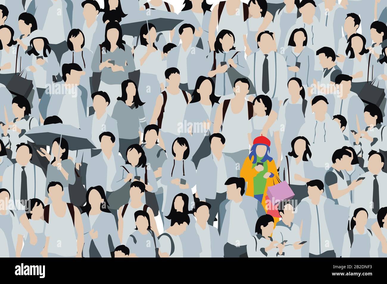 Girl standing out of the crowd wearing colorful clothes, people illustration Stock Photo