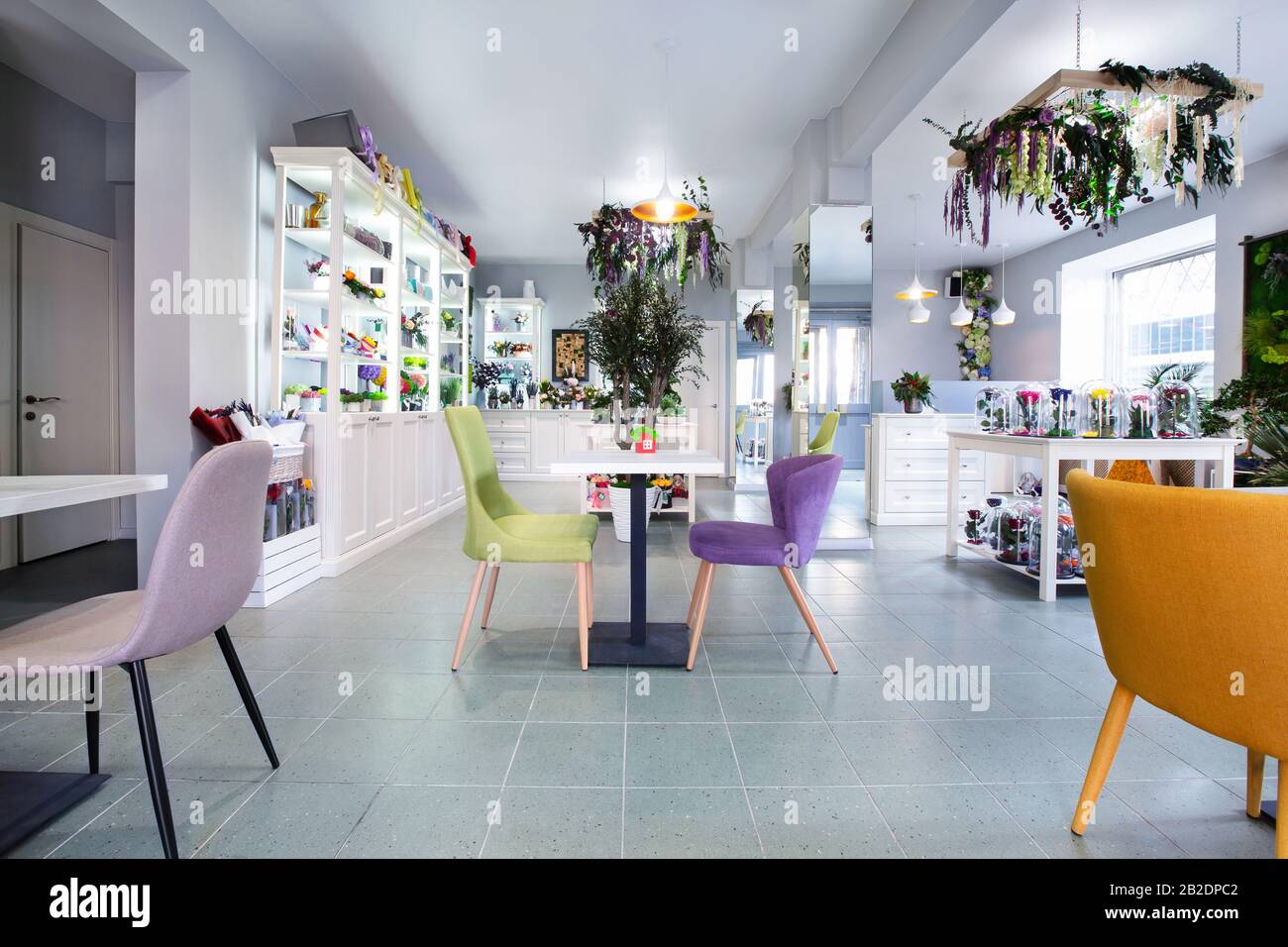 Flower conceptual interior cafe. Beautiful Eco style Stock Photo
