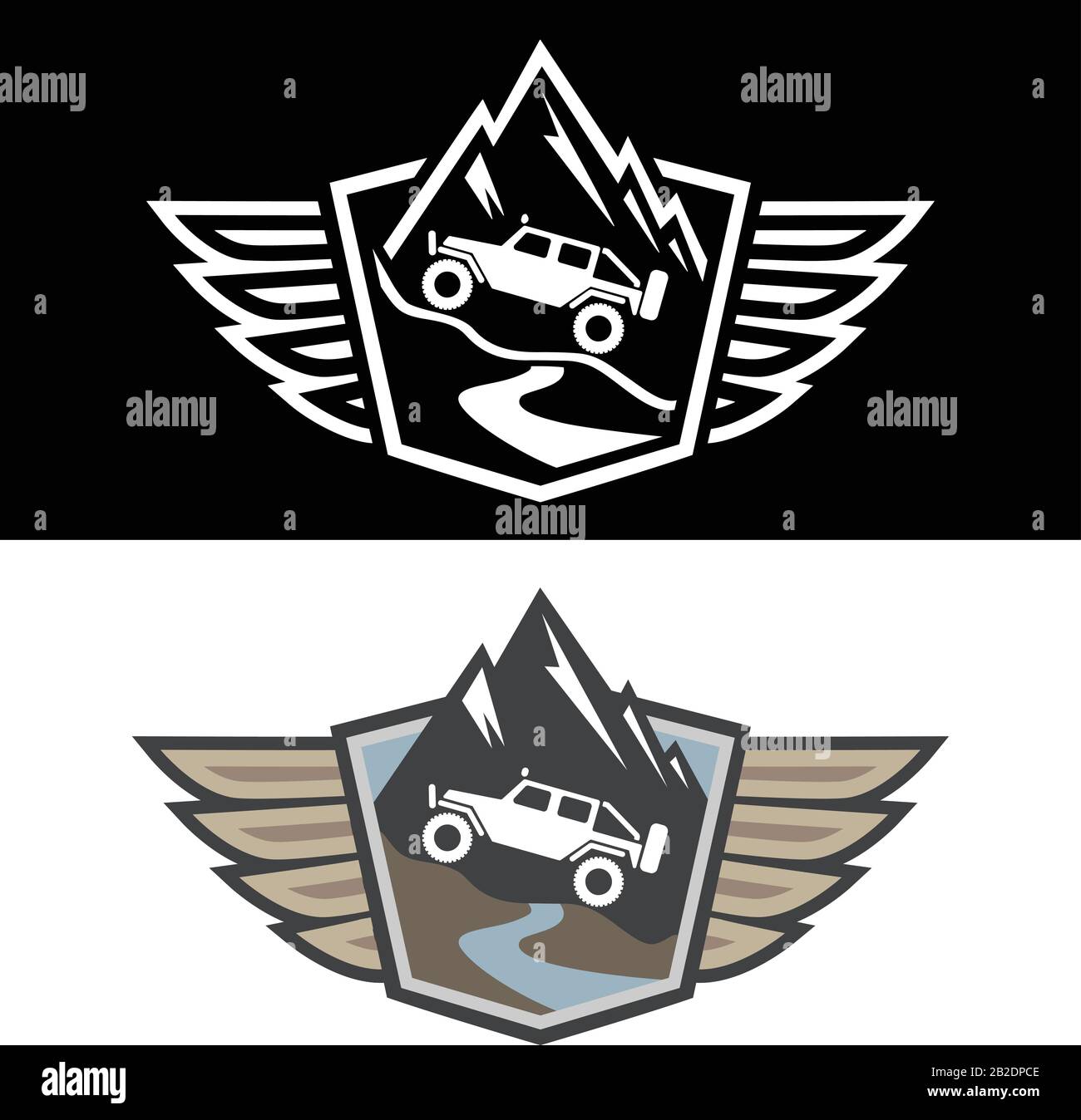 4x4 Offroad Adventure Isolated Vector Illustration in both Color and Black and White Stock Vector