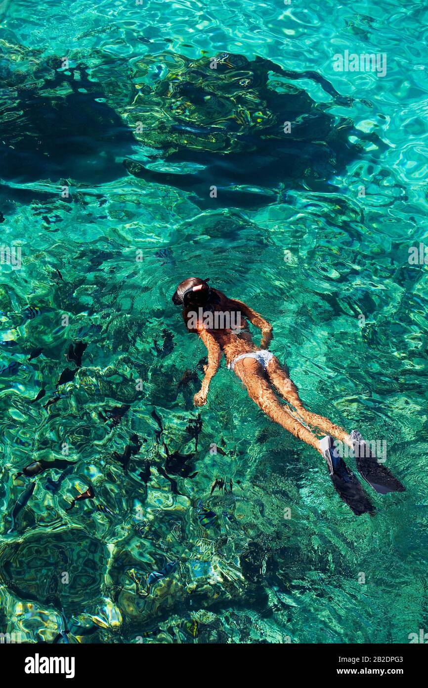 Woman snorkeling at Black Rock, Ka'anapali, Maui, Hawaii. Stock Photo