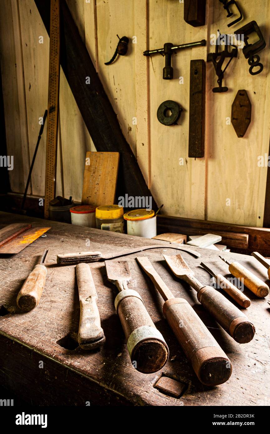 Old carpentry tools. Pomerode, Santa Catarina, Brazil. Stock Photo