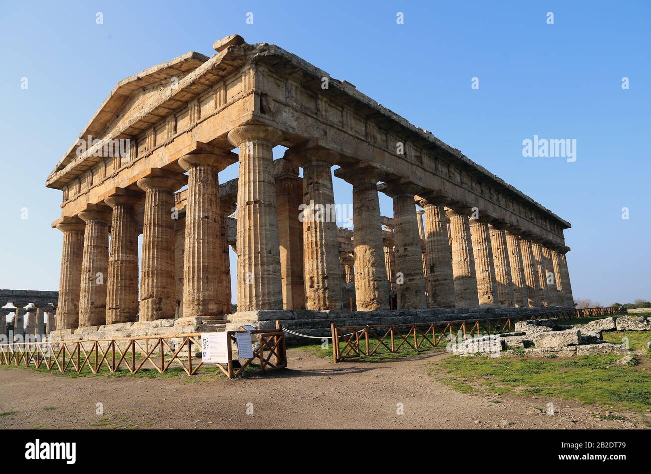 Temple of Hera II, so called Temple of Neptune. The largest temple of Paestum. (460-450 BC). Doric Order, Paestum, Campania, Italy. Stock Photo