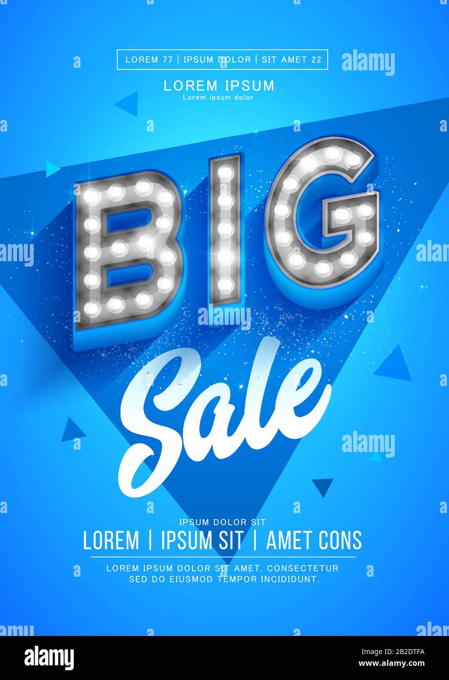 Blue big sale poster or flyer design. Retro light signboard banner with