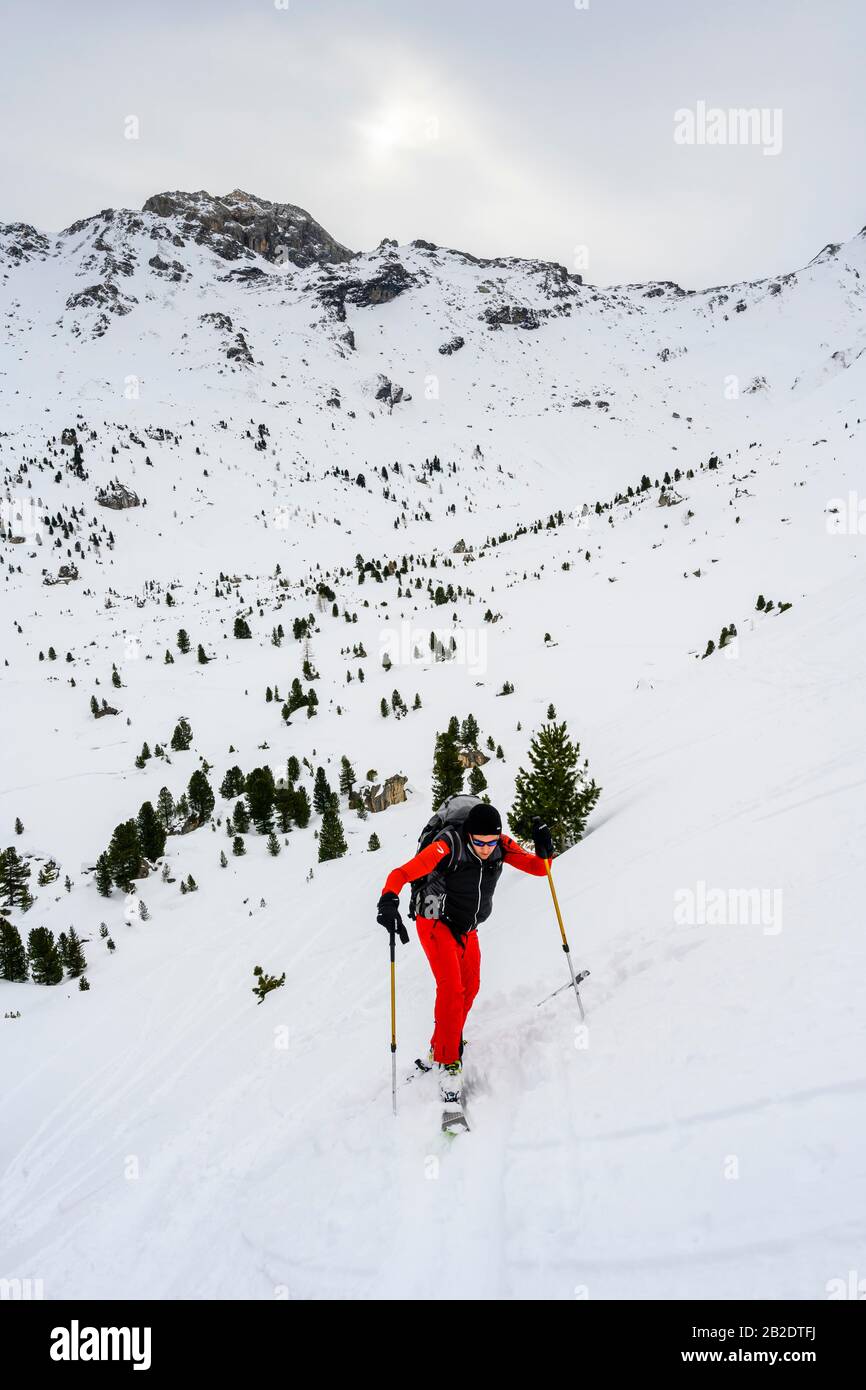 Hairpin bend, ski tourers in a snowy mountain landscape on the ascent, Wattentaler Lizum, Tuxer Alps, Tyrol, Austria Stock Photo