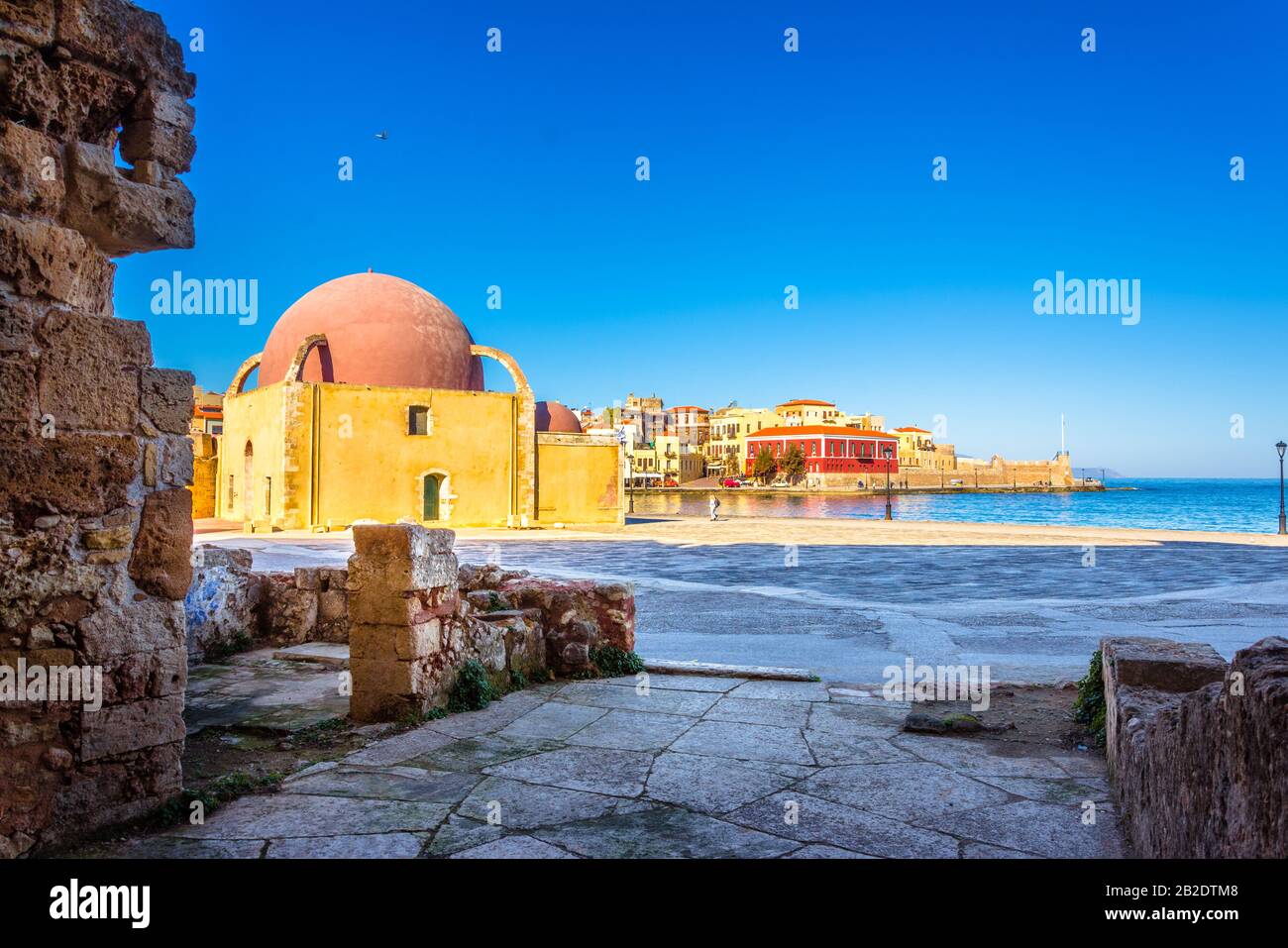 The beautiful old harbor of Chania with the amazing mosque, venetian shipyards, Crete, Greece. Stock Photo