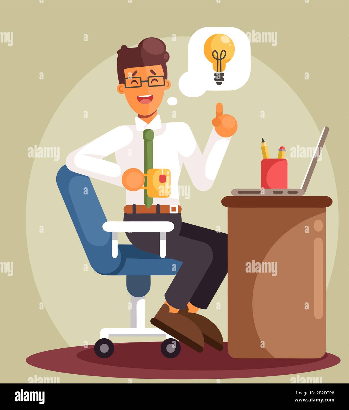 Businessman working on the computer and waiting for a good idea. Cartoon flat style illustration Stock Vector