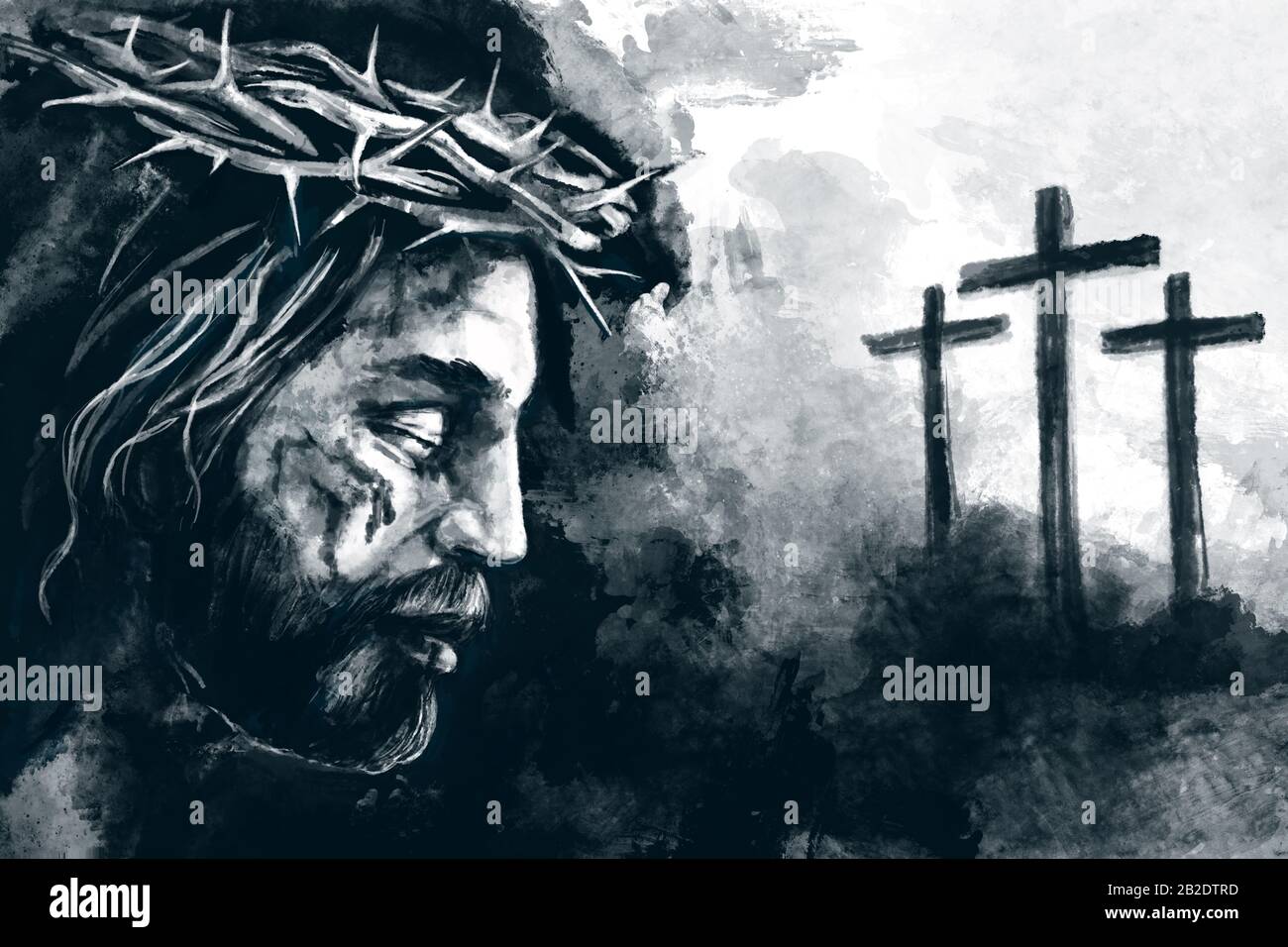 Easter. Jesus Christ, Son of God, crucifixion on the cross at Calvary, Friday. Christian symbol of faith, art illustration painted with watercolors. Stock Photo