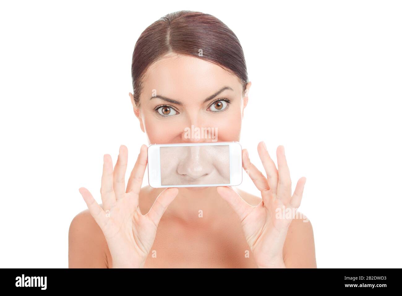 Beautiful Woman after nose surgery done showing on a phone screen her before operation nose