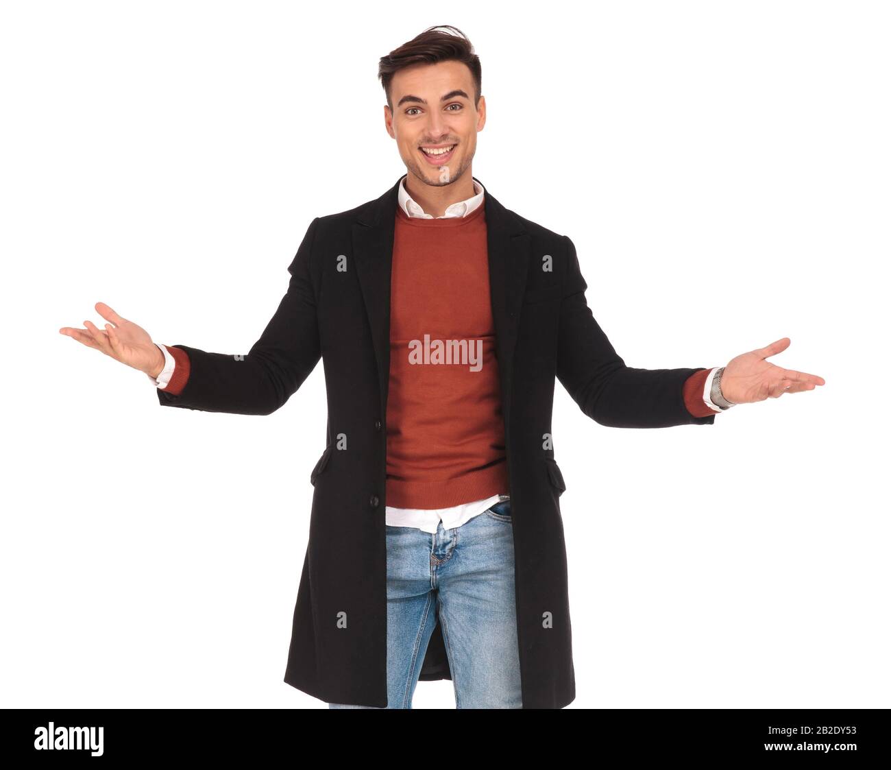 excited young man welcoming you on white background Stock Photo - Alamy