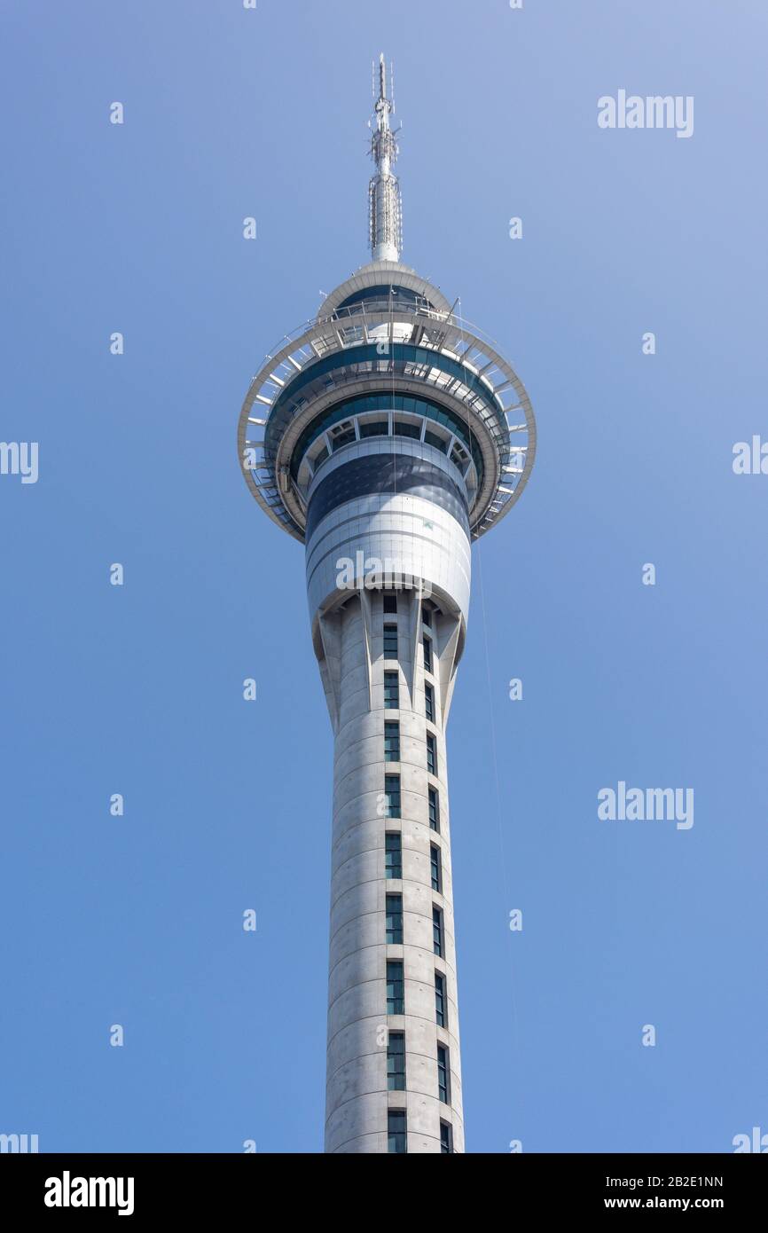 The Auckland Sky Tower from Victoria Street, City Centre, Auckland, Auckland Region, New Zealand Stock Photo