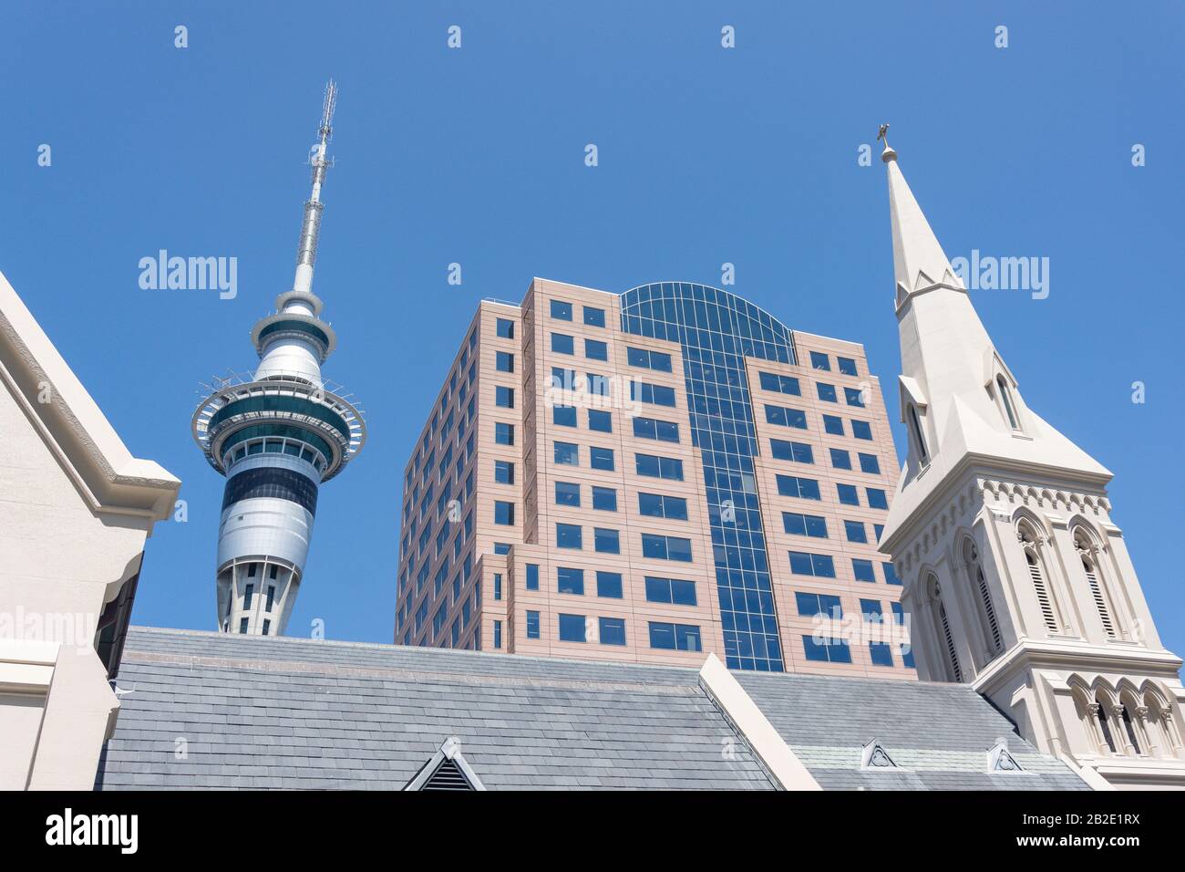 St Patrick's Cathedral and Sky Tower from Federal Square,  City Centre, Auckland, Auckland Region, New Zealand Stock Photo