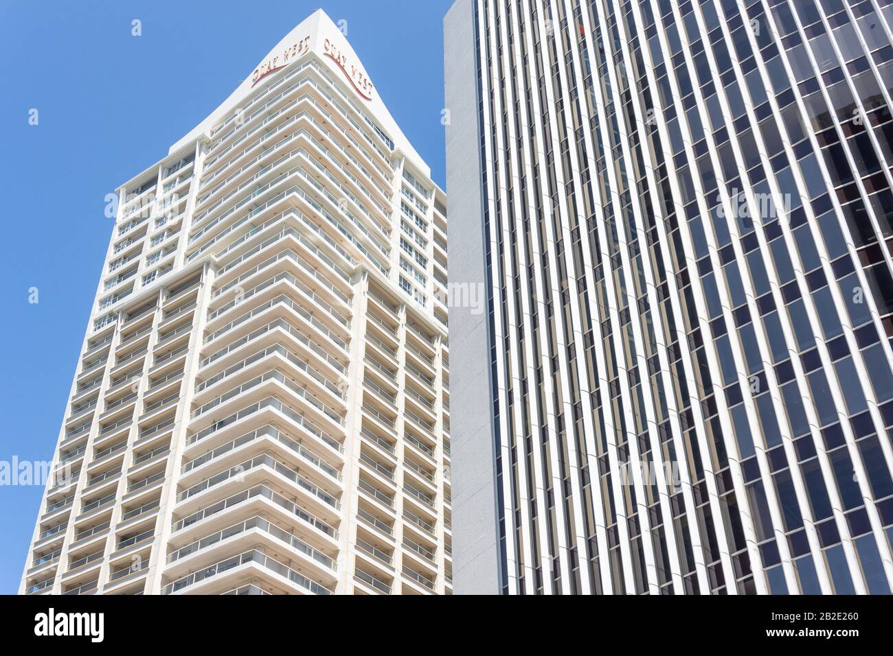 Quay West and West Plaza apartment buildings in Albert Street, Auckland City Centre, Auckland, Auckland Region, New Zealand Stock Photo