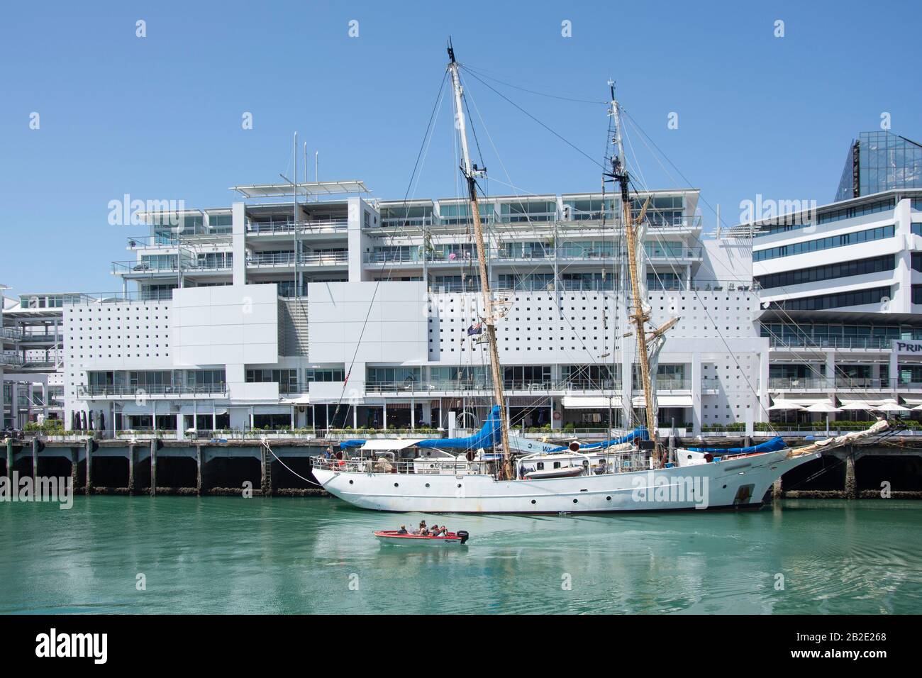SSV Robert C. Seamans sailing brigantine ship moored at Princes Wharf, Auckland Waterfront, Auckland, Auckland Region, New Zealand Stock Photo