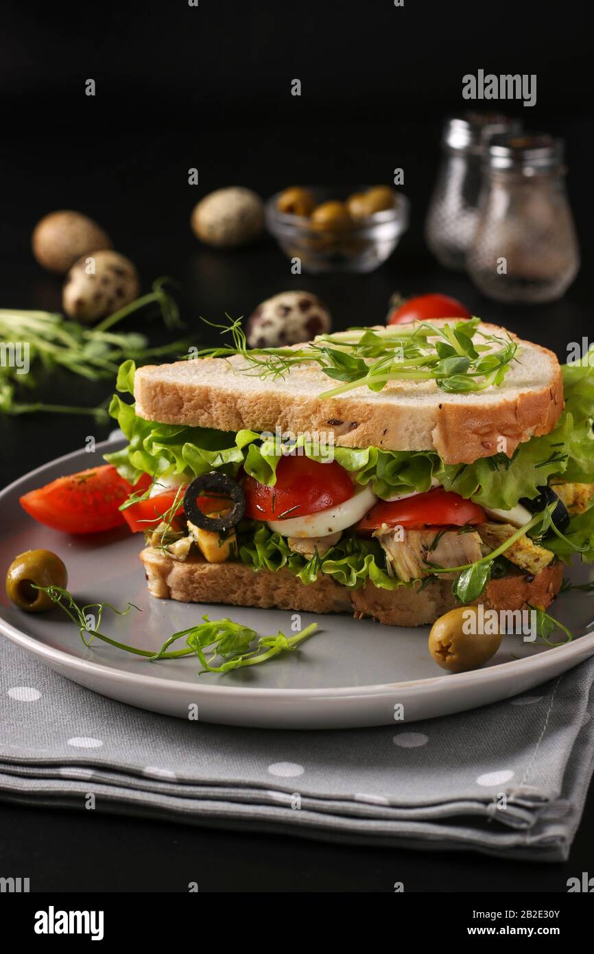 Sandwich with chicken, cherry tomatoes, quail eggs and microgreens