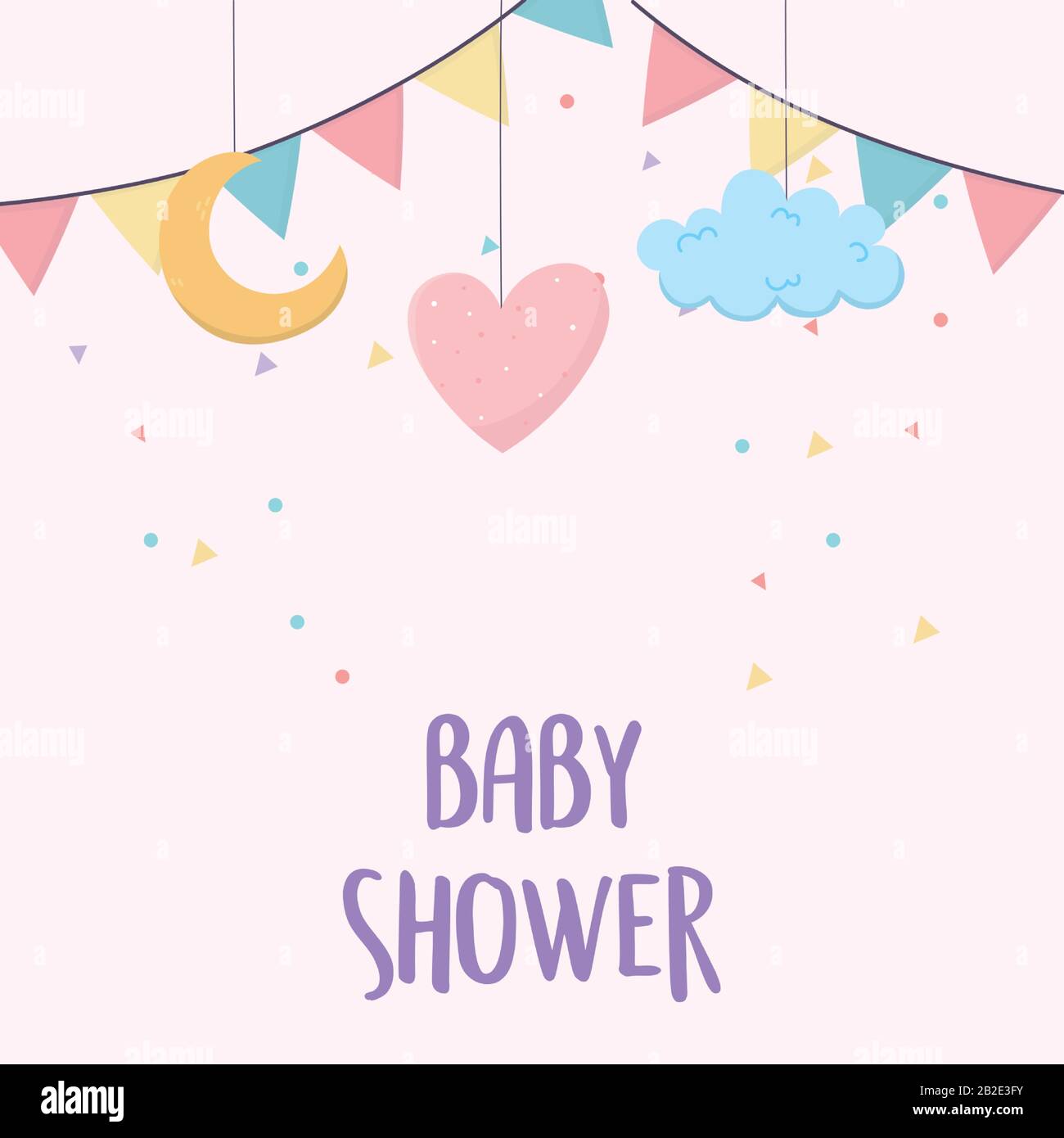 baby shower hanging heart cloud moon bunting flags card cartoon decoration vector illustration Stock Vector