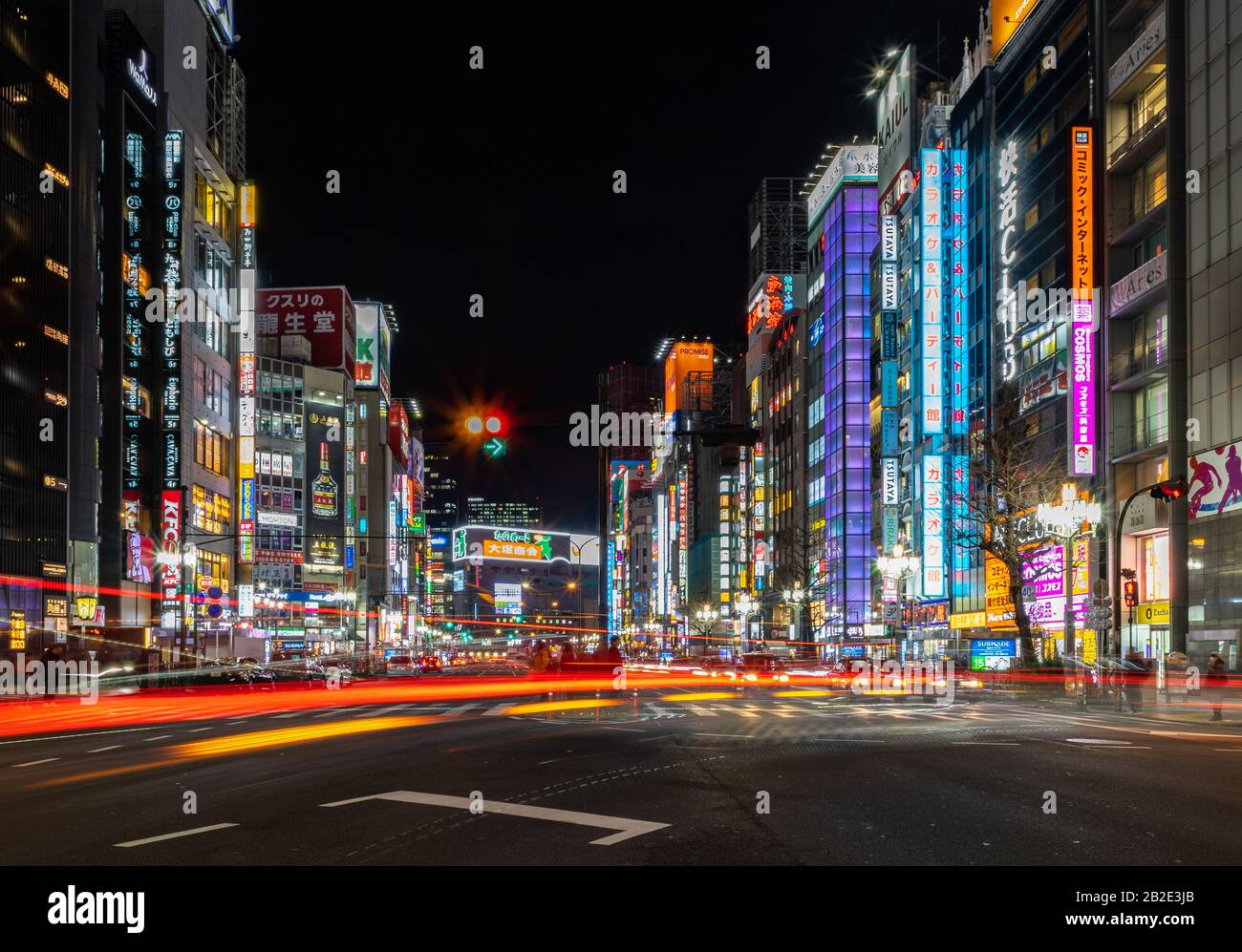 A picture of the Yasukuni-dori Ave, in Shinjuku City (Tokyo), at night. Stock Photo