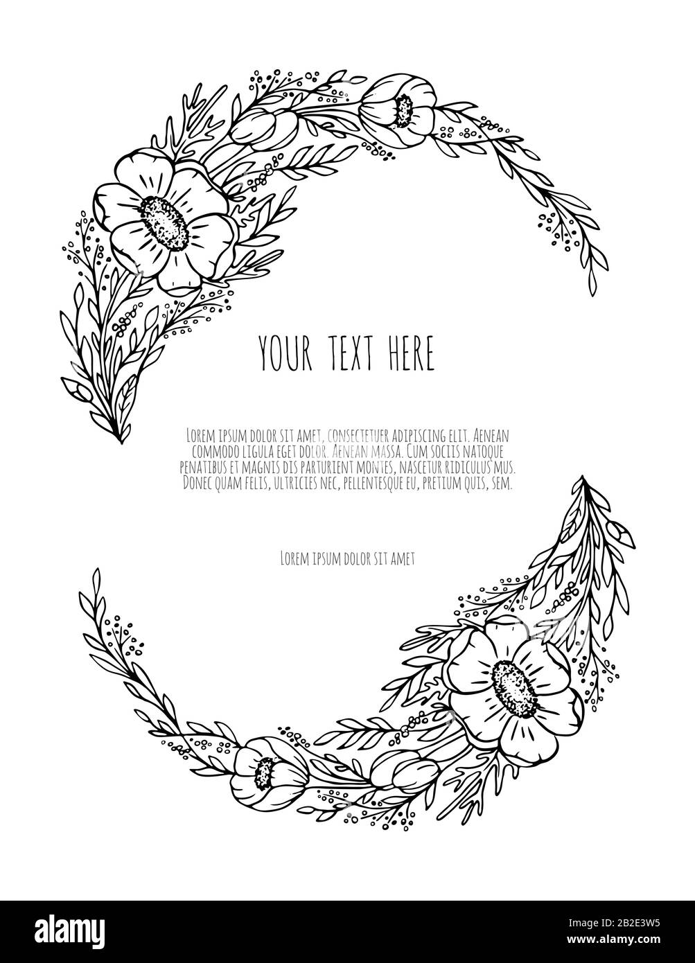 Hand drawn decor with flowers Anemone leaves and branches. Vector nature illustration in vintage style. Stock Vector