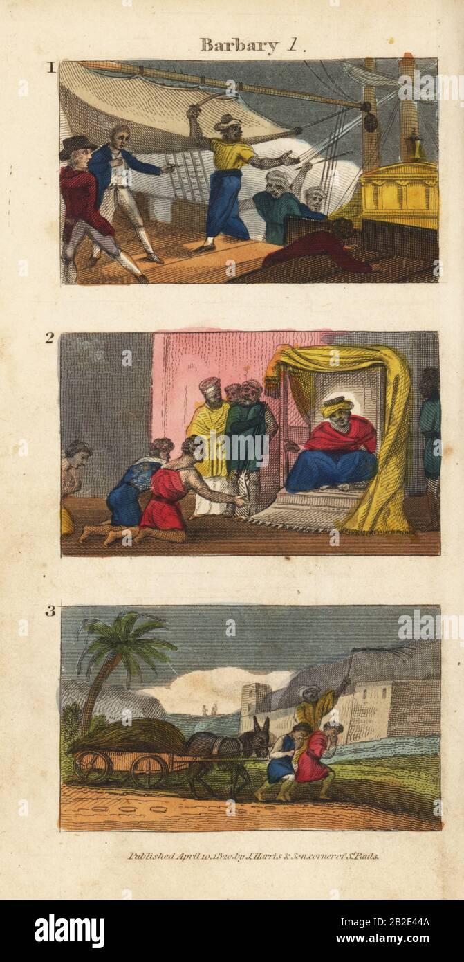 Barbary corsair pirates boarding a ship 1, audience with the Emperor of Morocco 2, and Christian enslaved persons harnessed to a wagon 3. Handcoloured copperplate engraving from Rev. Isaac Taylor’s Scenes in Africa for the Amusement and Instruction of Little Tarry-at-Home Travelers, Harris and Son, London, 1820. Stock Photo