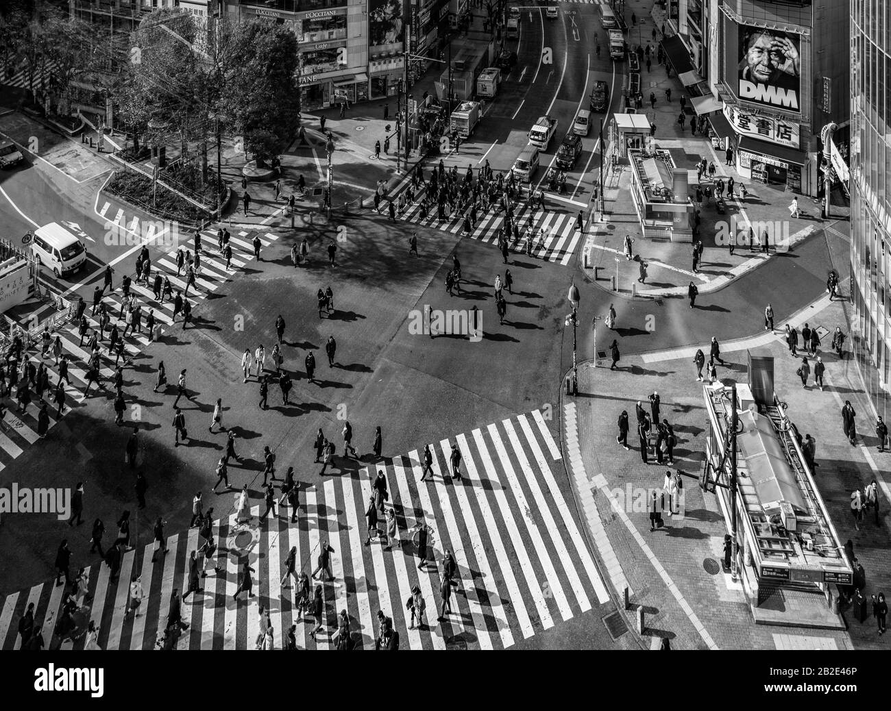 A black and white picture of the Shibuya Crossing, as seen from above, in Tokyo. Stock Photo