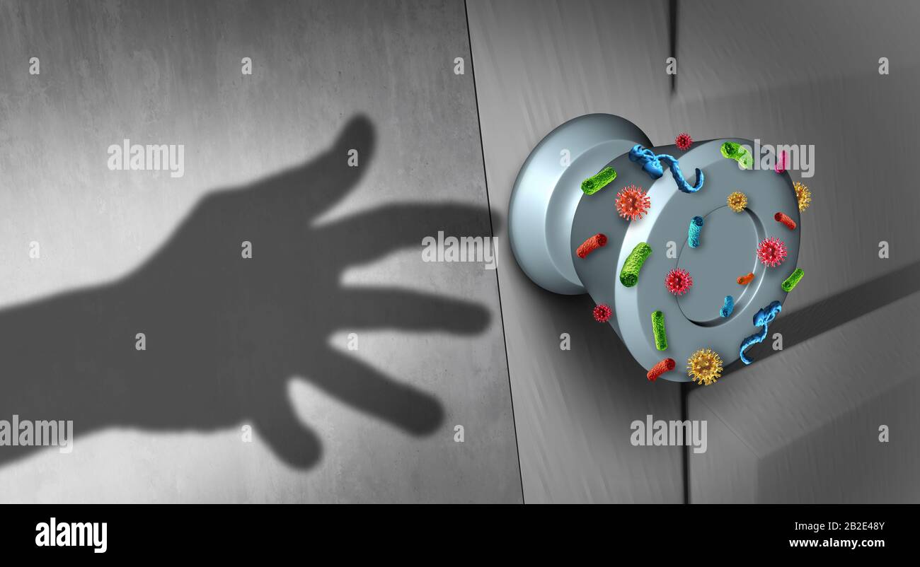 Infectious disease spread and the dangers of spreading germs in public as a health care risk concept as a dirty infected door knob with microscopic. Stock Photo