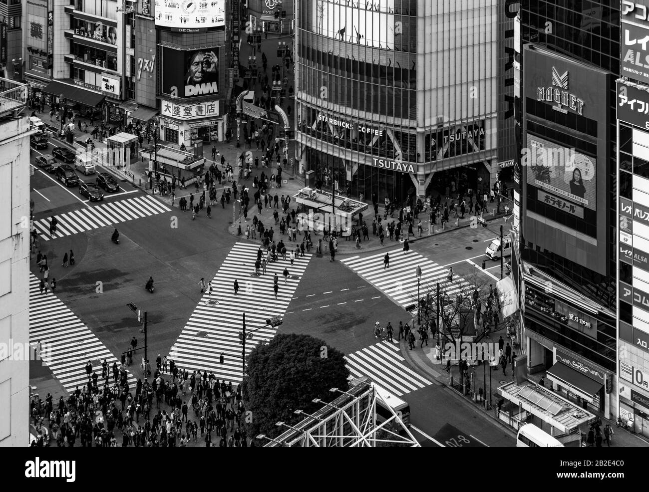 A black and white picture of the Shibuya Crossing, as seen from above, in Tokyo. Stock Photo