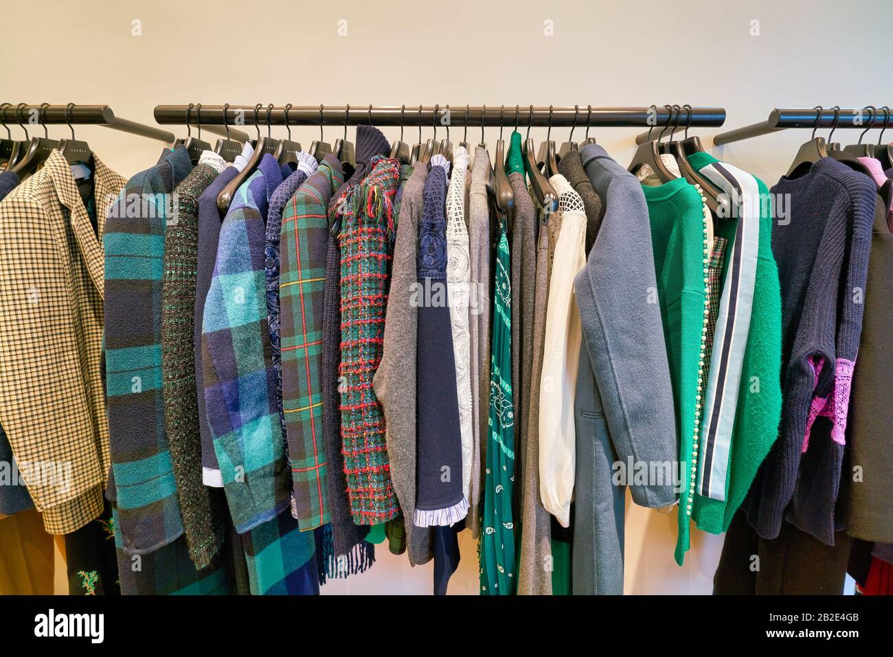 HONG KONG, CHINA CIRCA JANUARY, 2019 a clothing rack at Sandro store