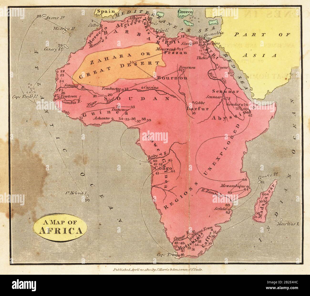 Map of Africa, 1820. Showing Morocco, Barbary and the Sahara in the north, Soudan and Guinea in the west, Khoikhoi (Hottentots) and Bantu (Caffres) in the south, and Abyssinia and Sennaar in the east. Stock Photo
