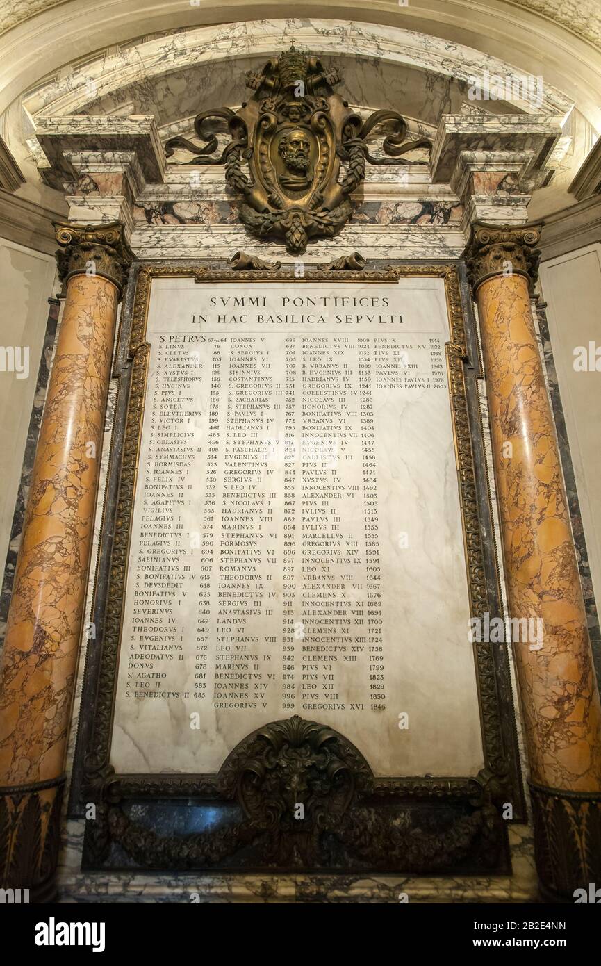 Chronological list of every Pope since St. Peter in St. Peter's Basilica, Vatican City, Rome Stock Photo
