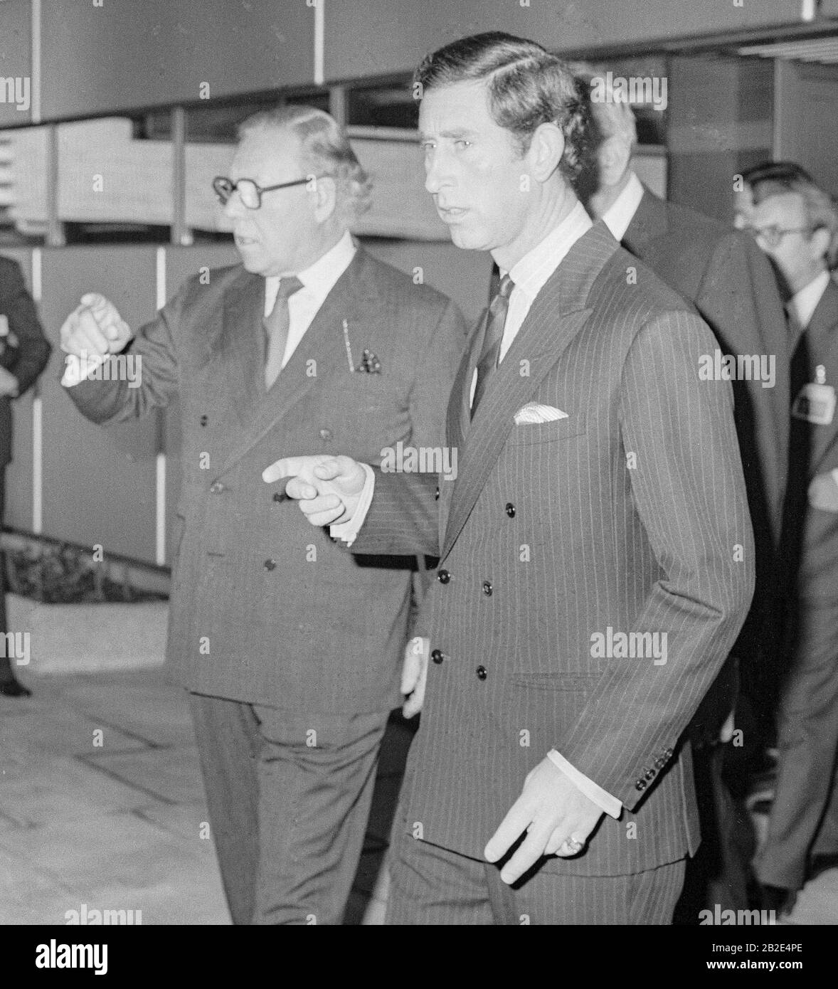Prince Charles Prince of Wales leaving London's Heathrow Airport escorted by British Airways chairman Lord King and BAA PLC chairman Sir John Egan in 1988. Stock Photo