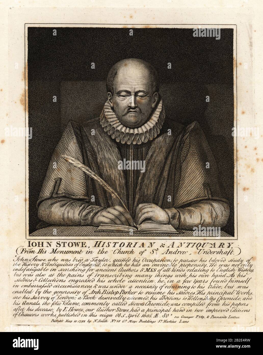 John Stowe, Historian and Antiquarian, 1525-1605, from his monument in the Church of St. Andrew Undershaft. Depicted in an Elizabethan ruff holding a quill pen. Copperplate engraving by John Thomas Smith after original drawings by members of the Society of Antiquaries from his J.T. Smith’s Antiquities of London and its Environs, J. Sewell, R. Folder, J. Simco, London, 1792. Stock Photo