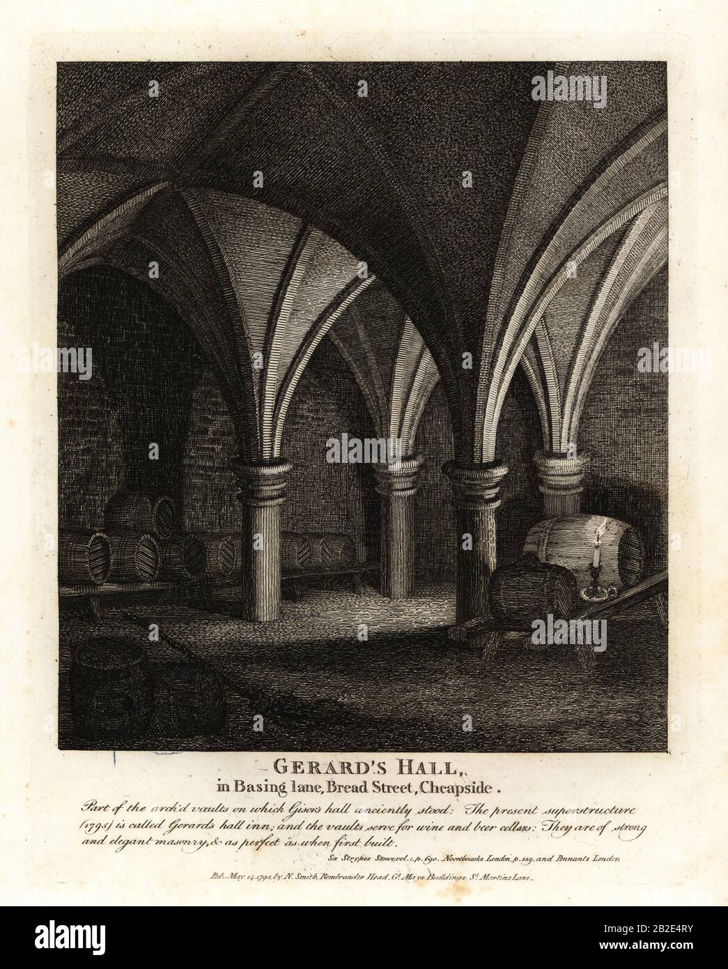 Underground vaults in Gerard’s Hall Inn in Basing Lane, Bread Street, Cheapside, 1795. Copperplate engraving by John Thomas Smith after original drawings by members of the Society of Antiquaries from his J.T. Smith’s Antiquities of London and its Environs, J. Sewell, R. Folder, J. Simco, London, 1795. Stock Photo