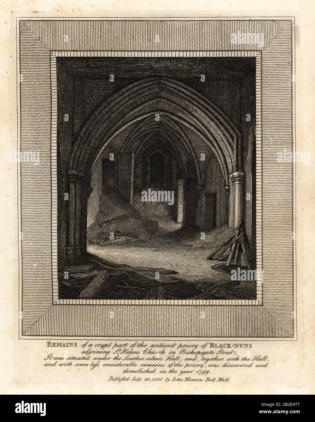 Remains of the crypt part of the ancient priory of Black-Nuns, adjoining St. Helen’s Church, Bishopsgate Street. Copperplate engraving by John Thomas Smith after original drawings by members of the Society of Antiquaries from his J.T. Smith’s Antiquities of London and its Environs, J. Sewell, R. Folder, J. Simco, London, 1800. Stock Photo
