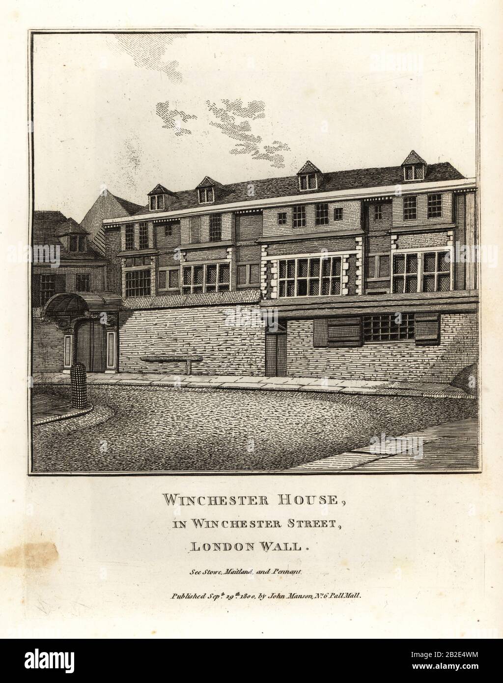 Winchester House in Winchester Street, London Wall. Copperplate engraving by John Thomas Smith after original drawings by members of the Society of Antiquaries from his J.T. Smith’s Antiquities of London and its Environs, J. Sewell, R. Folder, J. Simco, London, 1800. Stock Photo
