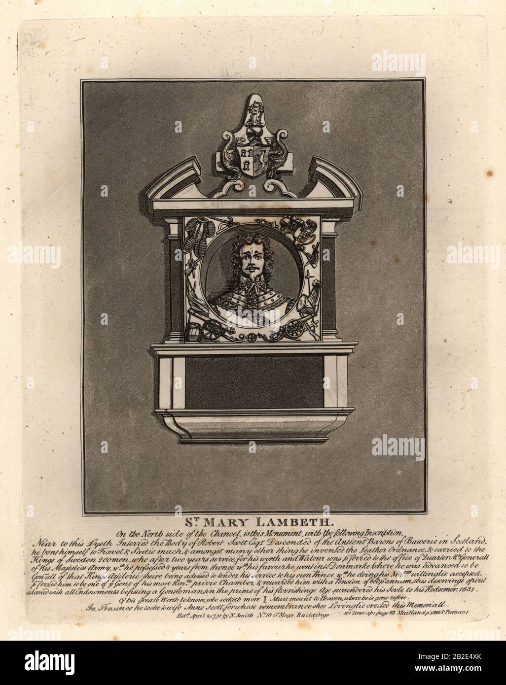 Grave effigy of Robert Scott, army officer in the Swedish and Danish services and military inventor, died 1631, St. Mary Lambeth. Copperplate engraving by John Thomas Smith after original drawings by members of the Society of Antiquaries from his J.T. Smith’s Antiquities of London and its Environs, J. Sewell, R. Folder, J. Simco, London, 1791. Stock Photo