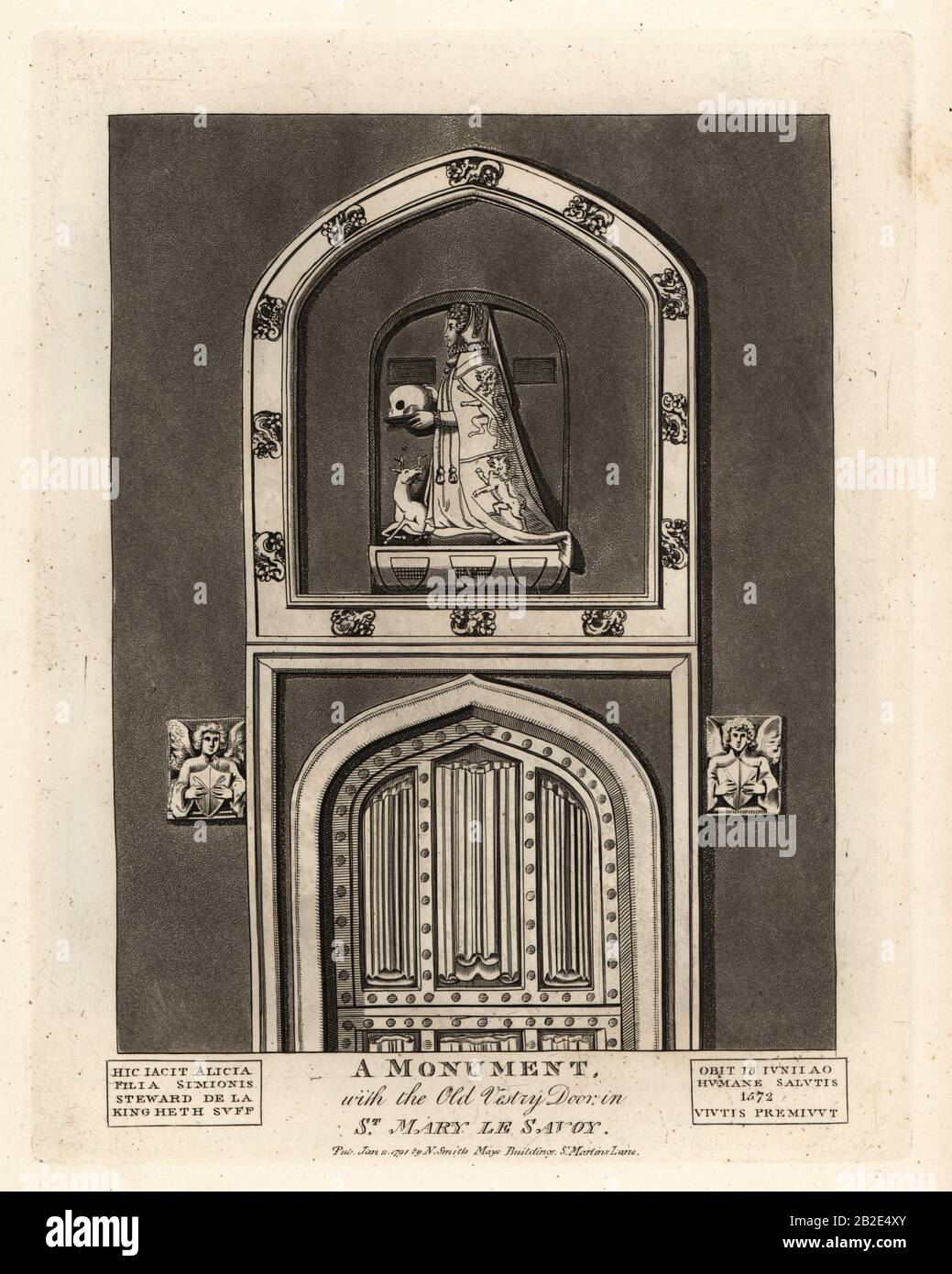 Grave effigy of Alicia, daughter of Simon Steward, with the Old Vestry Door in St. Mary le Savoy. She kneels in an armorial cape holding a skull. Hic jacet Alicia, Filia Simonis Steward de la Kingheth, Suff, obiit 18 Junii 1573. Copperplate engraving by John Thomas Smith after original drawings by members of the Society of Antiquaries from his J.T. Smith’s Antiquities of London and its Environs, J. Sewell, R. Folder, J. Simco, London, 1791. Stock Photo