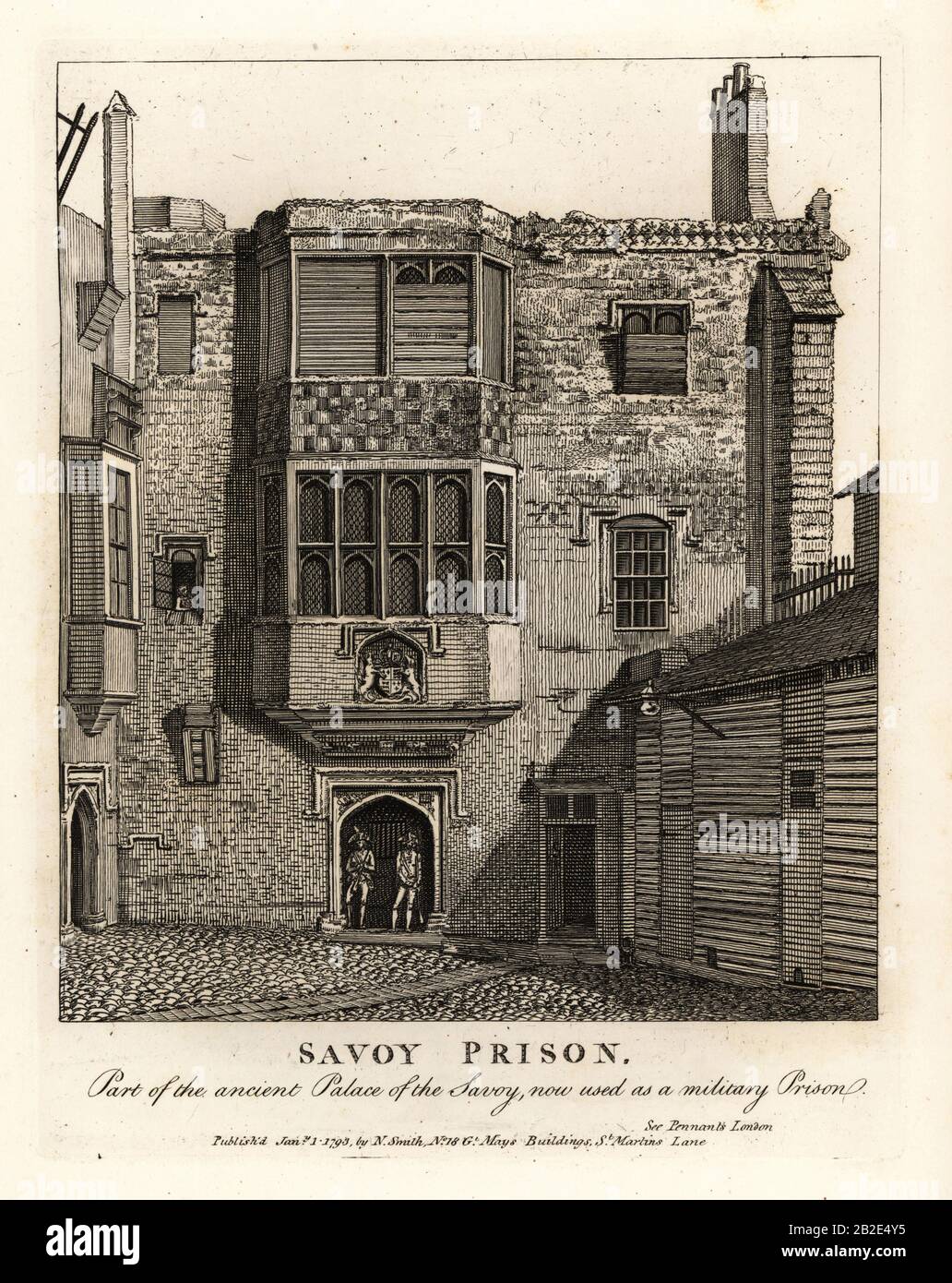 Savoy Prison, part of the ancient Palace of the Savoy, used as a military prison in the 18th century. Copperplate engraving by John Thomas Smith after original drawings by members of the Society of Antiquaries from his J.T. Smith’s Antiquities of London and its Environs, J. Sewell, R. Folder, J. Simco, London, 1793. Stock Photo