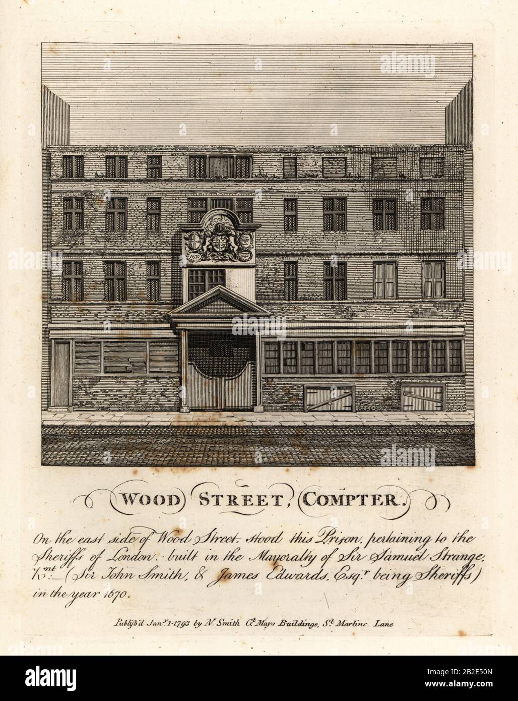 Wood Street Compter, prison owned by the Sheriffs of London, built in the mayoralty of Sir Samuel Strange in 1670. Copperplate engraving by John Thomas Smith after original drawings by members of the Society of Antiquaries from his J.T. Smith’s Antiquities of London and its Environs, J. Sewell, R. Folder, J. Simco, London, 1793. Stock Photo