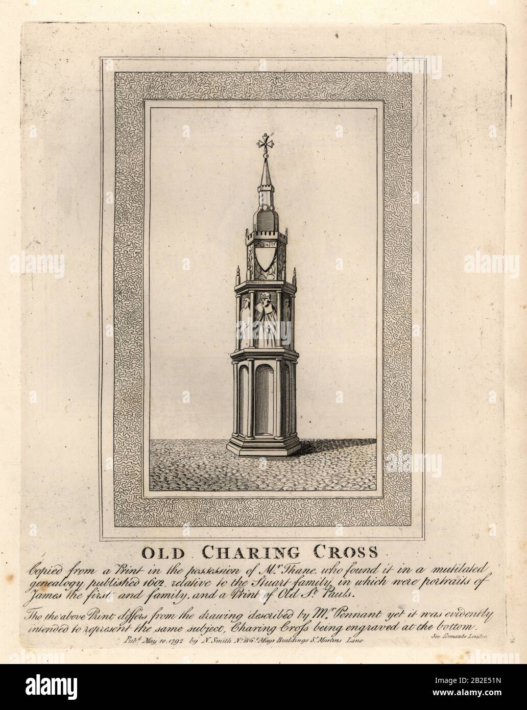 Old Charing Cross, one of 12 medieval Eleanor Crosses, erected in the 1290s until its removal in 1647. Copperplate engraving by John Thomas Smith after original drawings by members of the Society of Antiquaries from his J.T. Smith’s Antiquities of London and its Environs, J. Sewell, R. Folder, J. Simco, London, 1792. Stock Photo