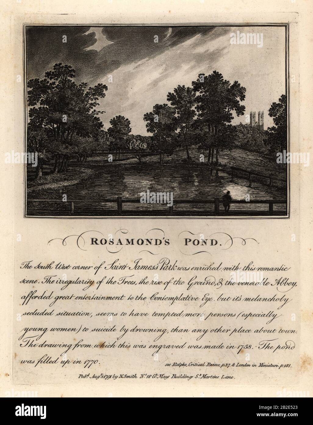 Rosamond’s Pond, St. James’ Park, circa 1758 (filled up in 1770). Copperplate engraving by John Thomas Smith after original drawings by members of the Society of Antiquaries from his J.T. Smith’s Antiquities of London and its Environs, J. Sewell, R. Folder, J. Simco, London, 1791. Stock Photo