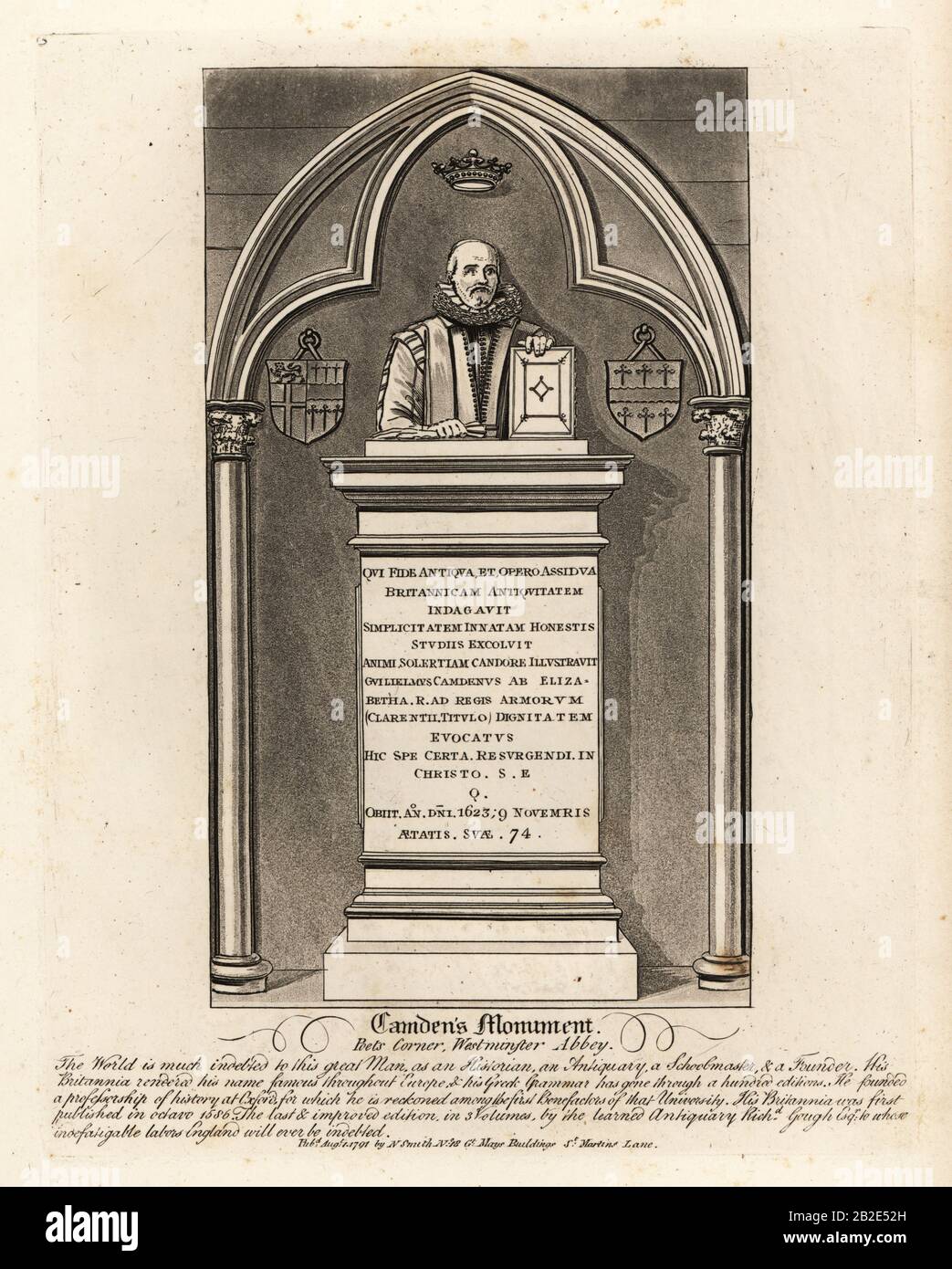 Grave monument to the Elizabethan antiquarian and herald William Camdem, died 1623, in Poets Corner, Westminster Abbey. Copperplate engraving by John Thomas Smith after original drawings by members of the Society of Antiquaries from his J.T. Smith’s Antiquities of London and its Environs, J. Sewell, R. Folder, J. Simco, London, 1791. Stock Photo
