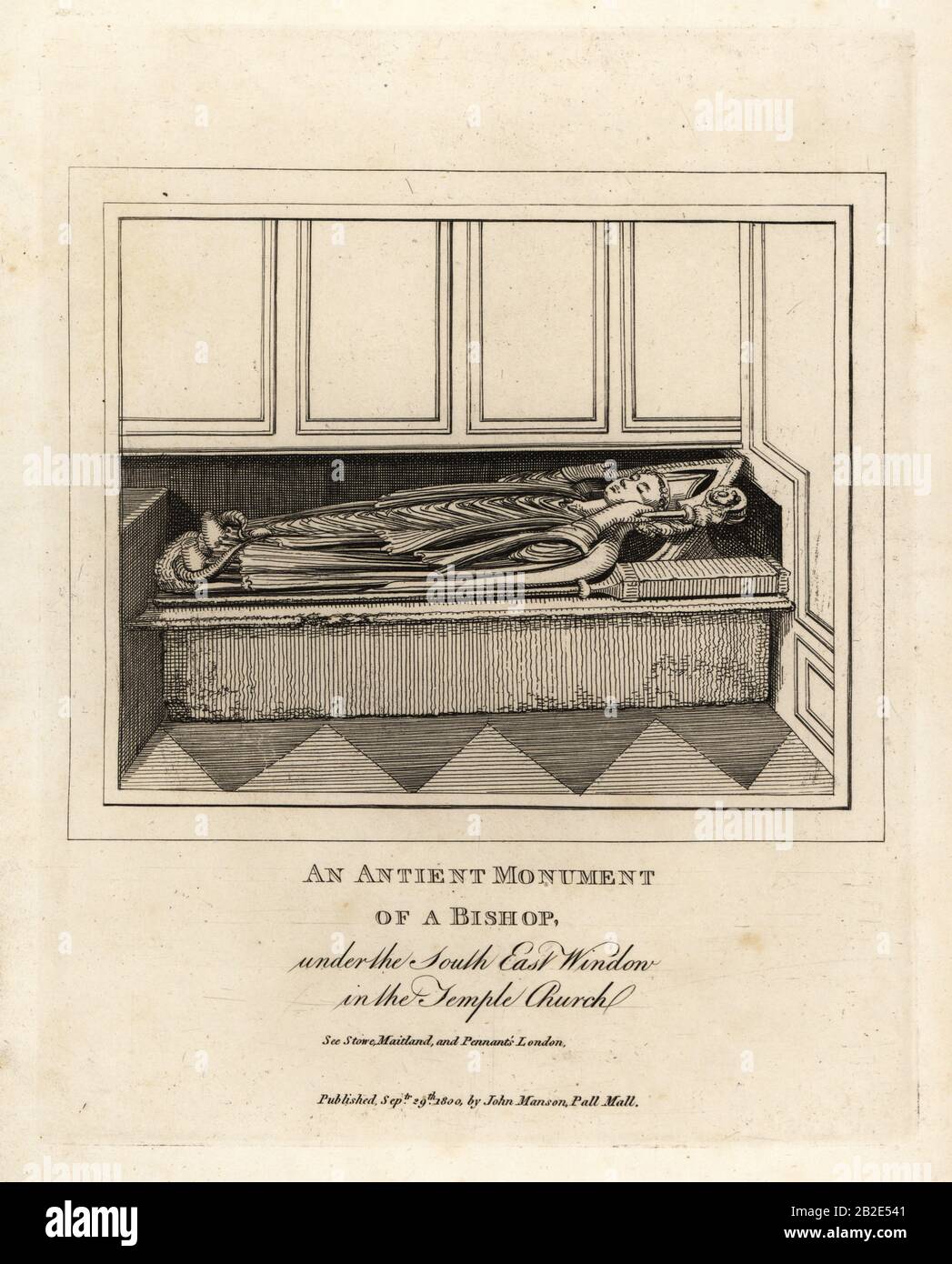 Ancient monument of a bishop under the southeast window of the 12th century Temple Church, London. Copperplate engraving by John Thomas Smith after original drawings by members of the Society of Antiquaries from his J.T. Smith’s Antiquities of London and its Environs, J. Sewell, R. Folder, J. Simco, London, 1800. Stock Photo