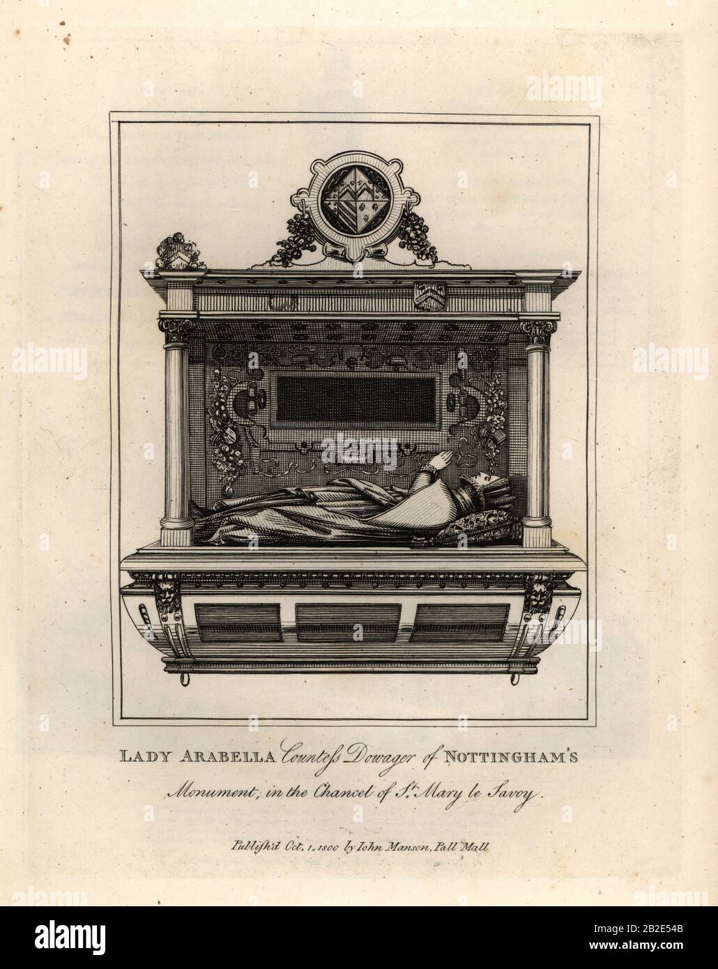 Grave effigy or Lady Arabella, Countess Dowager of Nottingham, in the chancel of St. Mary le Savoy. Copperplate engraving by John Thomas Smith after original drawings by members of the Society of Antiquaries from his J.T. Smith’s Antiquities of London and its Environs, J. Sewell, R. Folder, J. Simco, London, 1800. Stock Photo