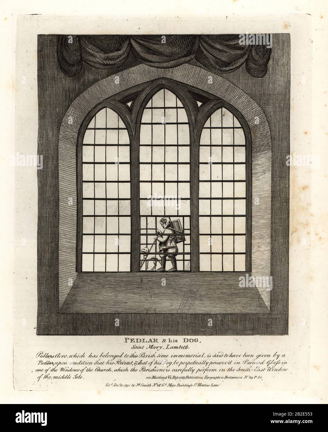 Pedlar and his dog in the stained glass window of the church at Saint Mary-at-Lambeth. Copperplate engraving by John Thomas Smith after original drawings by members of the Society of Antiquaries from his J.T. Smith’s Antiquities of London and its Environs, J. Sewell, R. Folder, J. Simco, London, 1791. Stock Photo