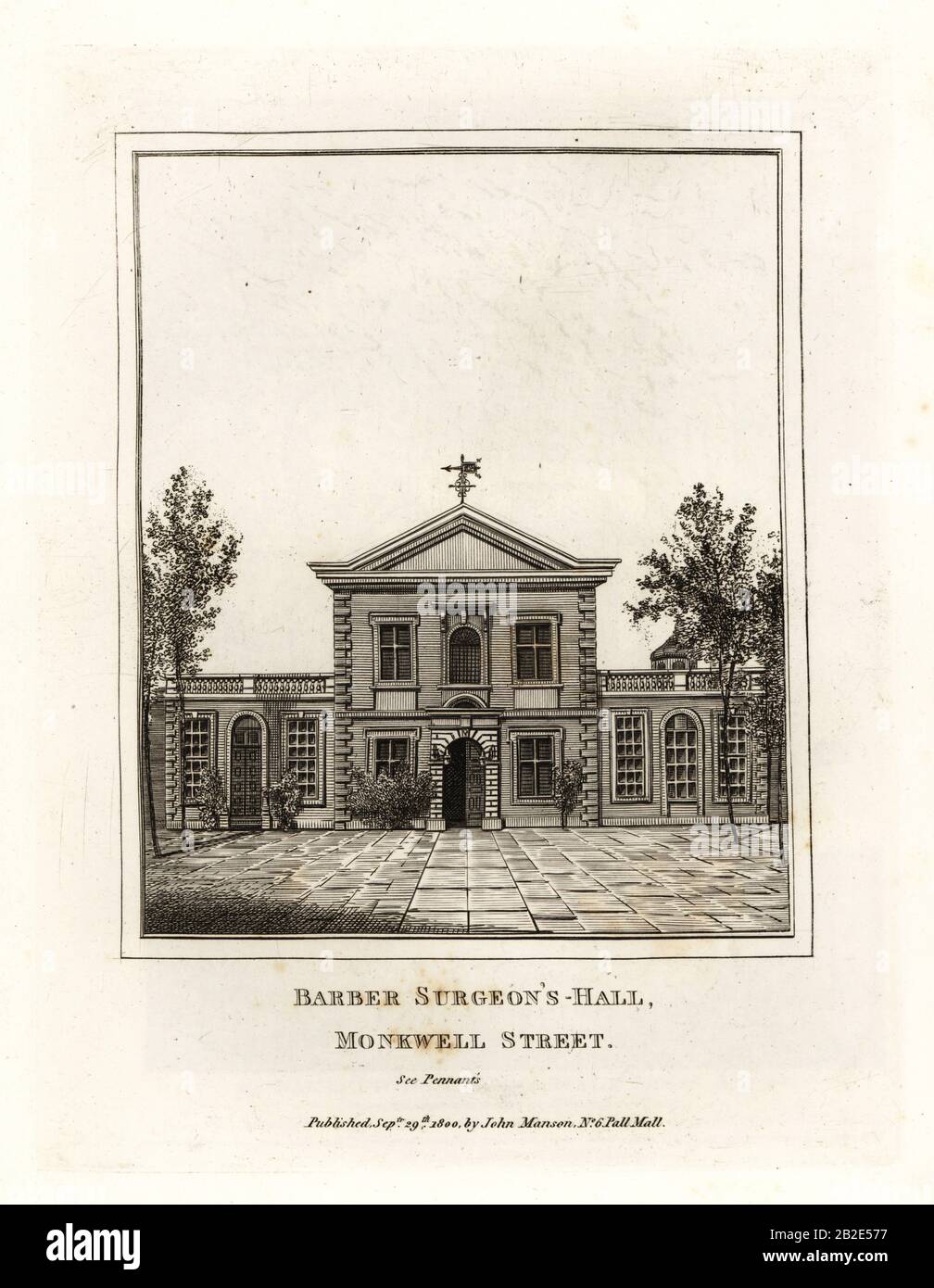 Barber Surgeon’s Hall, Monkwell Street. Copperplate engraving by John Thomas Smith after original drawings by members of the Society of Antiquaries from his J.T. Smith’s Antiquities of London and its Environs, J. Sewell, R. Folder, J. Simco, London, 1800. Stock Photo